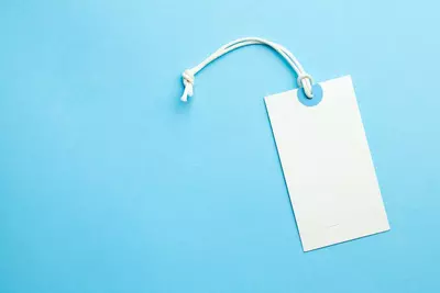 tags price labels clothes white tag mockup blue background copy space text