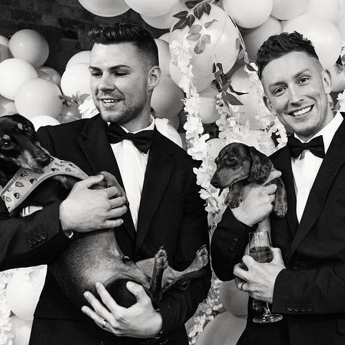 Groom and Groom holding dogs