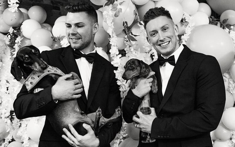 Two grooms holding dogs