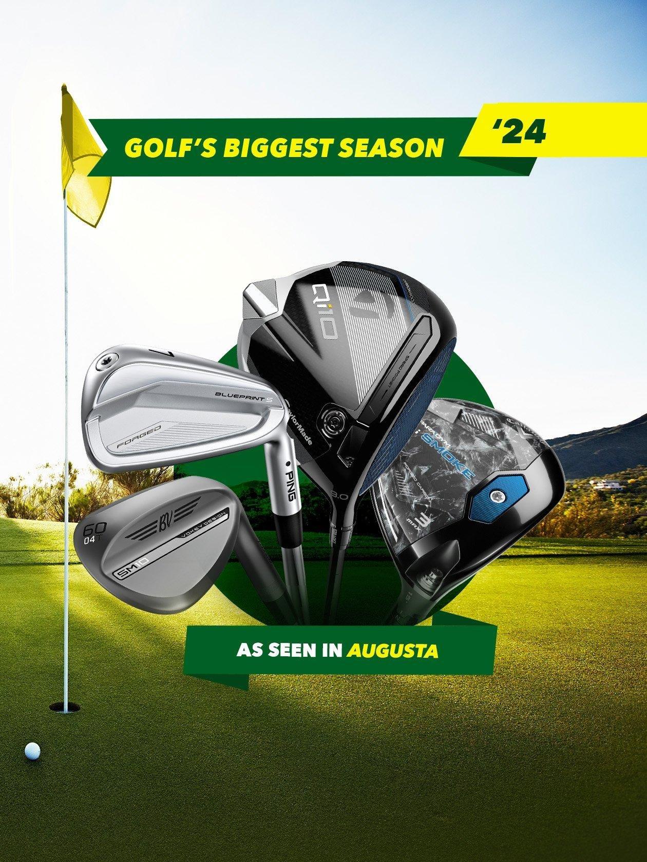 golf clubs are shown in a poster advertising the biggest season