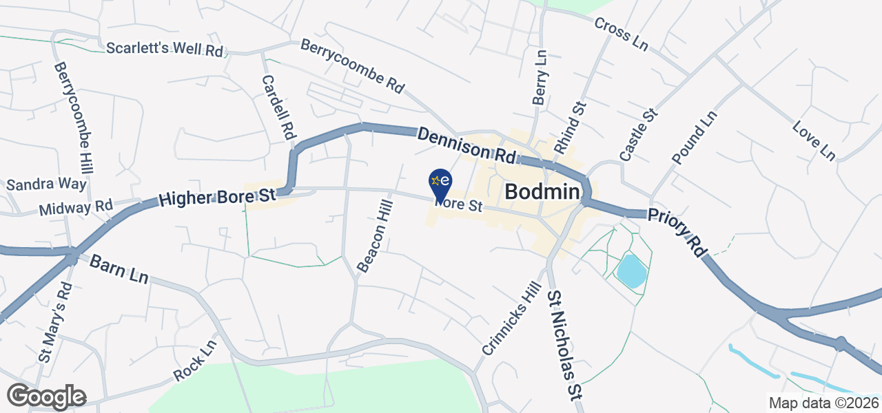 Map showing location of HBH Woolacotts - Bodmin