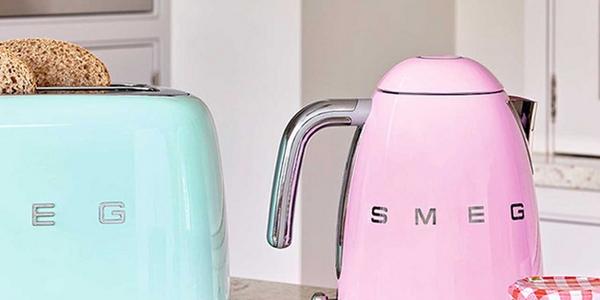 Pink SMEG kettle and blue toaster