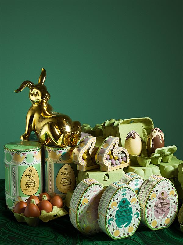 Easter chocolate display with eggs and rabbits
