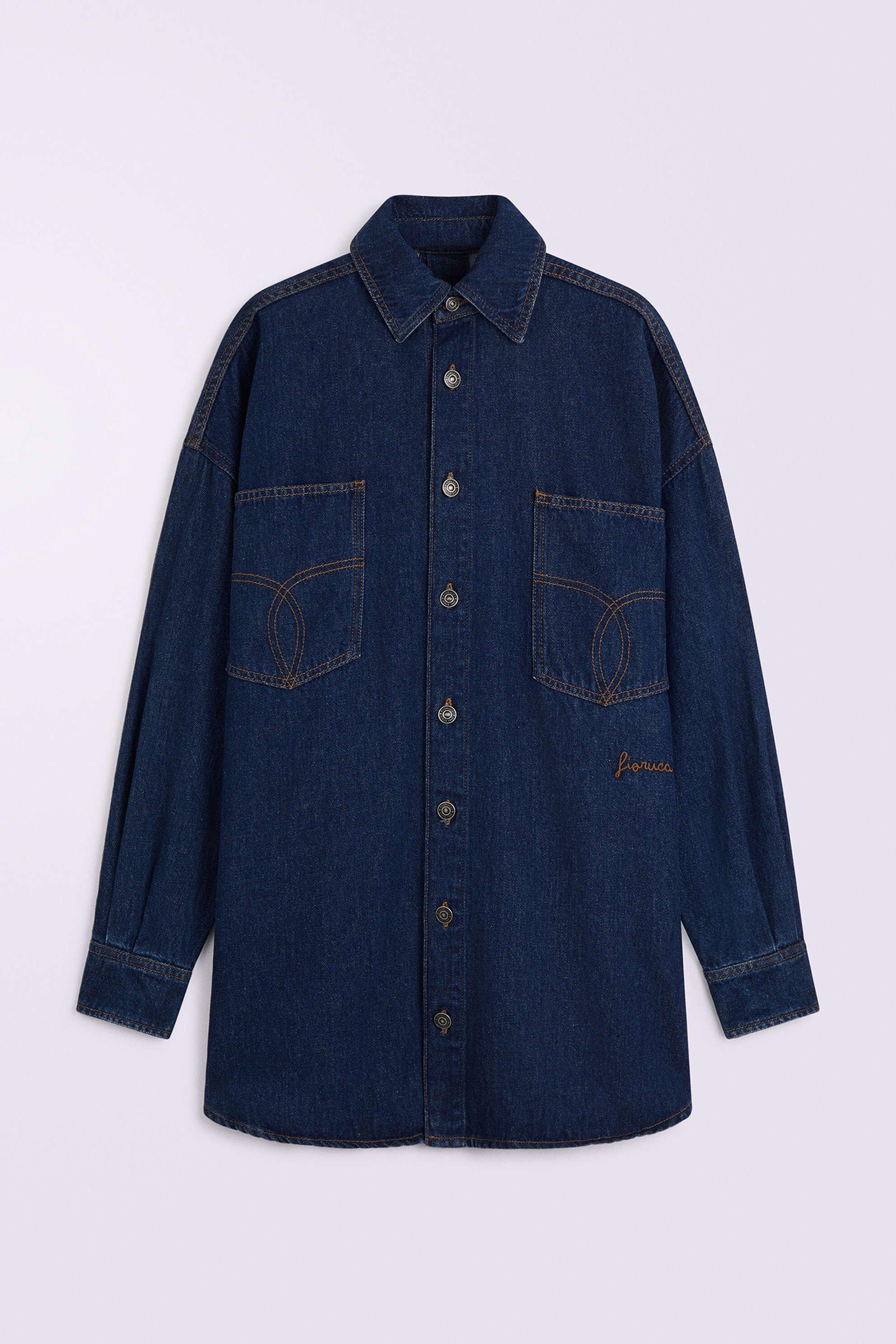 Open Back Denim Shirt in Deep Blue.