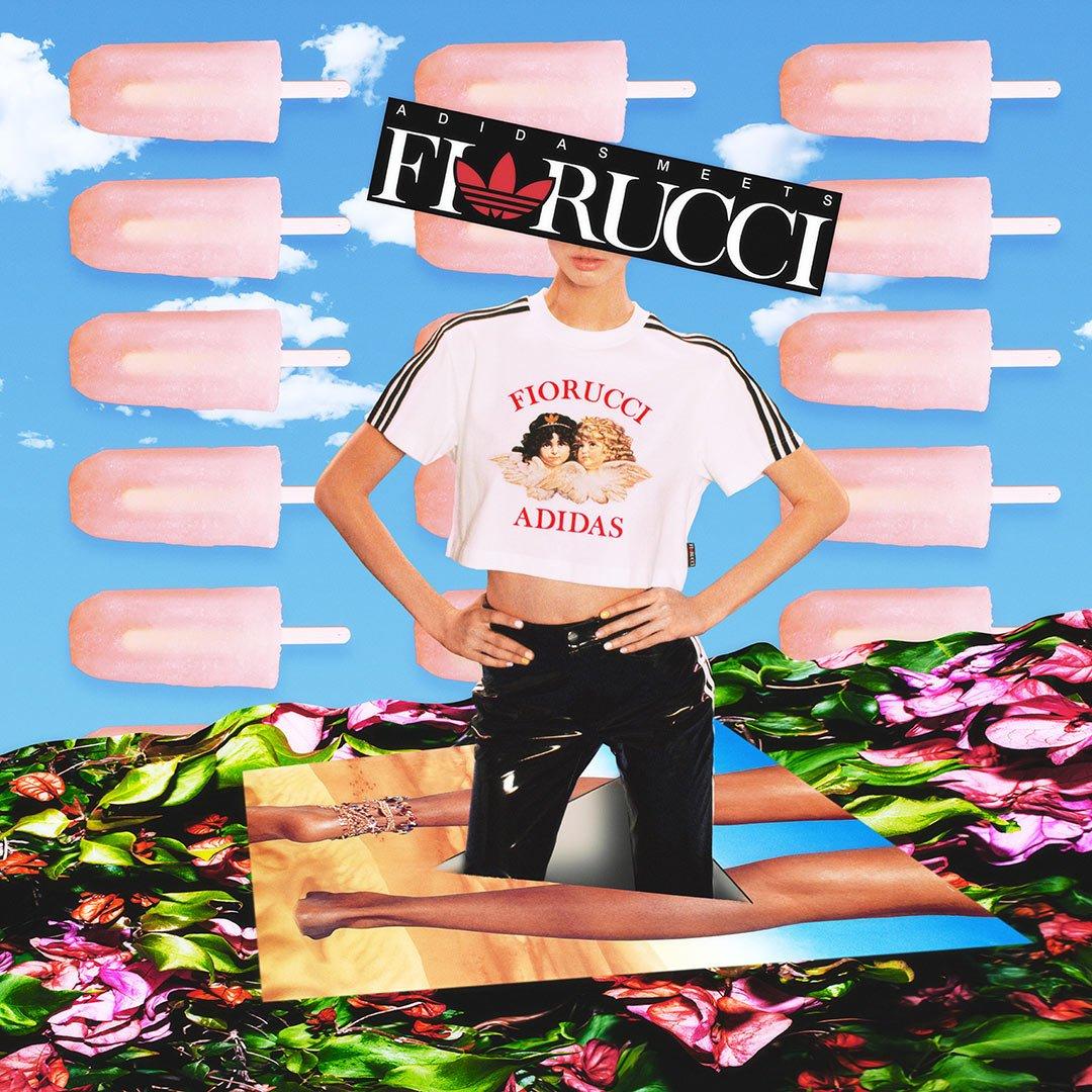 Modeal wearing the Adidas x Fiorucci Angel T-Shirt in White and Adidas x Fiorucci Vinyl Track Pant in Black.