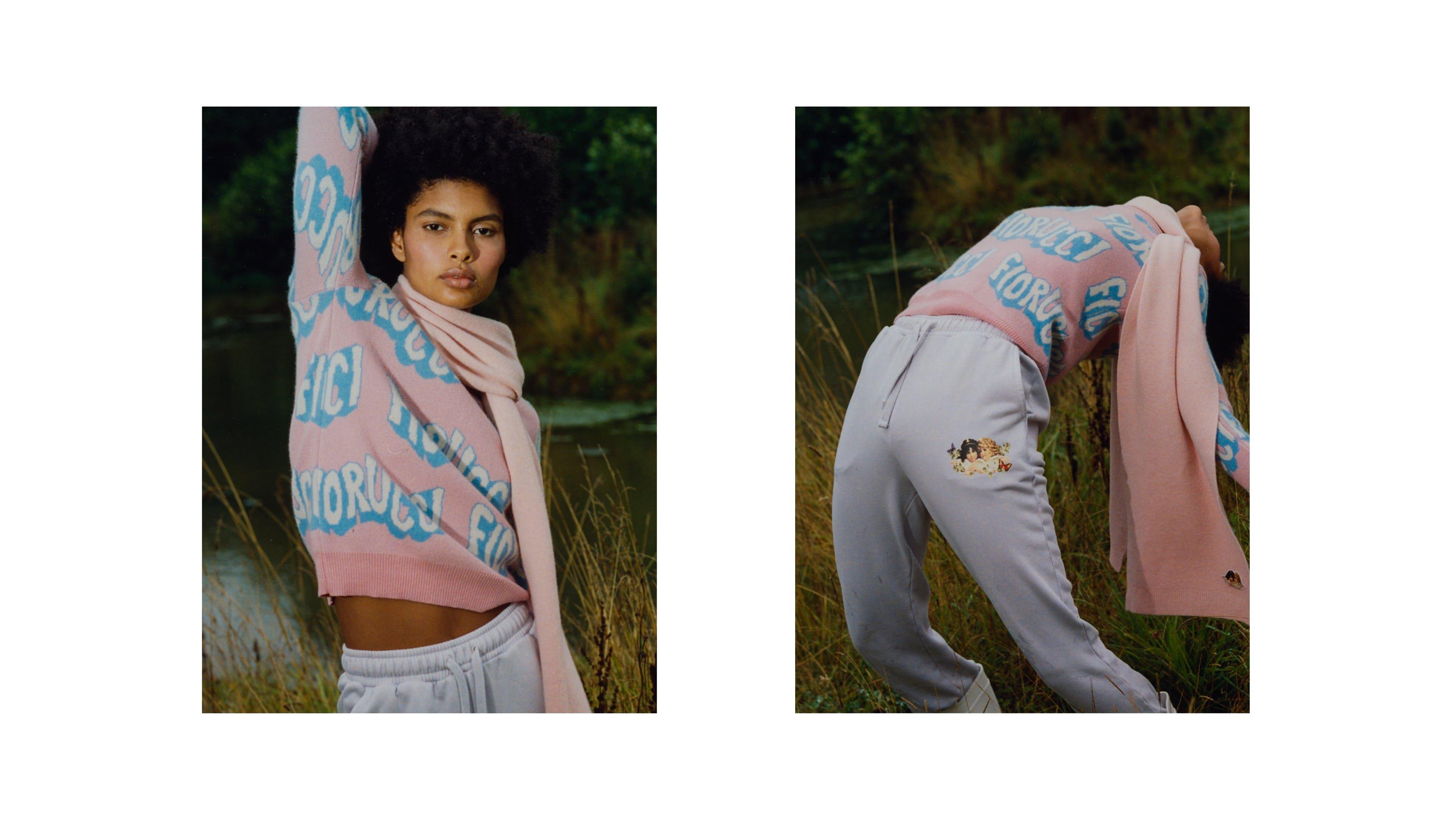 Model wearing the Woodland Wavy Logo Knit Jumper in Pink and Woodland Angels Patch Jogger in Pale Blue