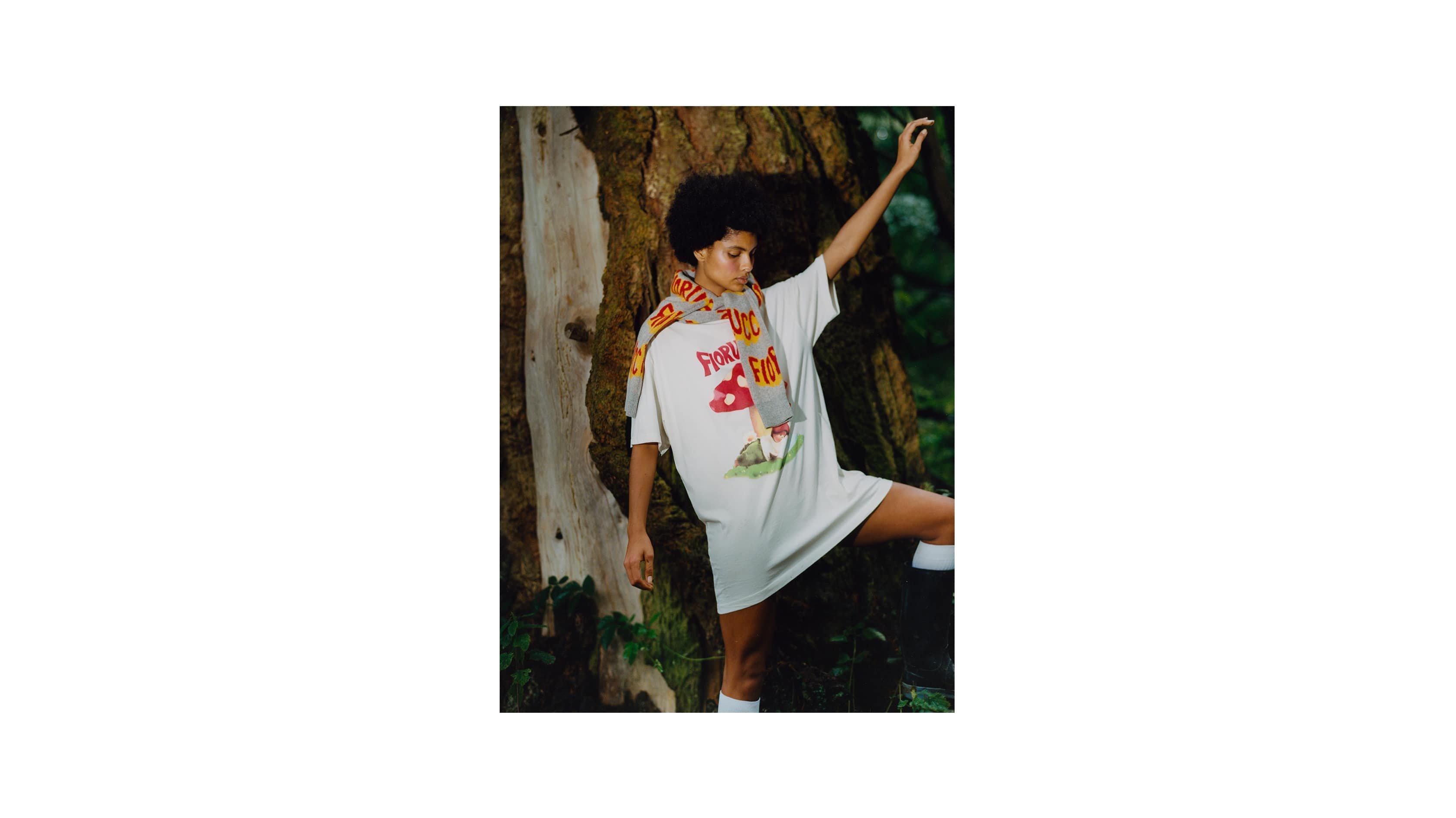 Model wearing the Woodland Mushroom T-Shirt Dress in Off White