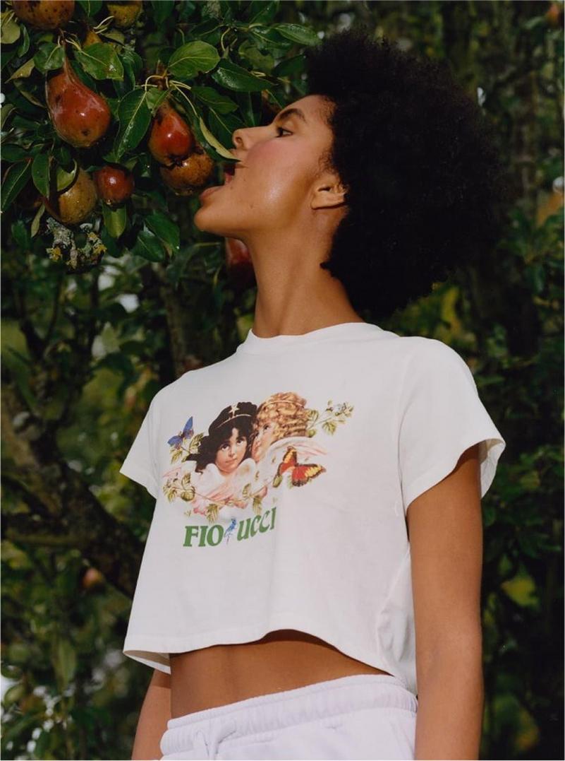 Model wearing the Woodland Angels Crop T-Shirt in Off White