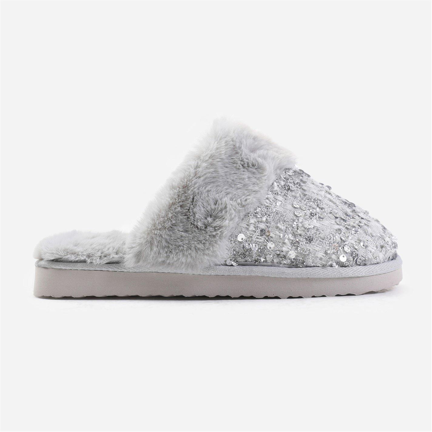 Wheres That From Cozy Slip On Sequin Slippers With Fur Trim In Grey