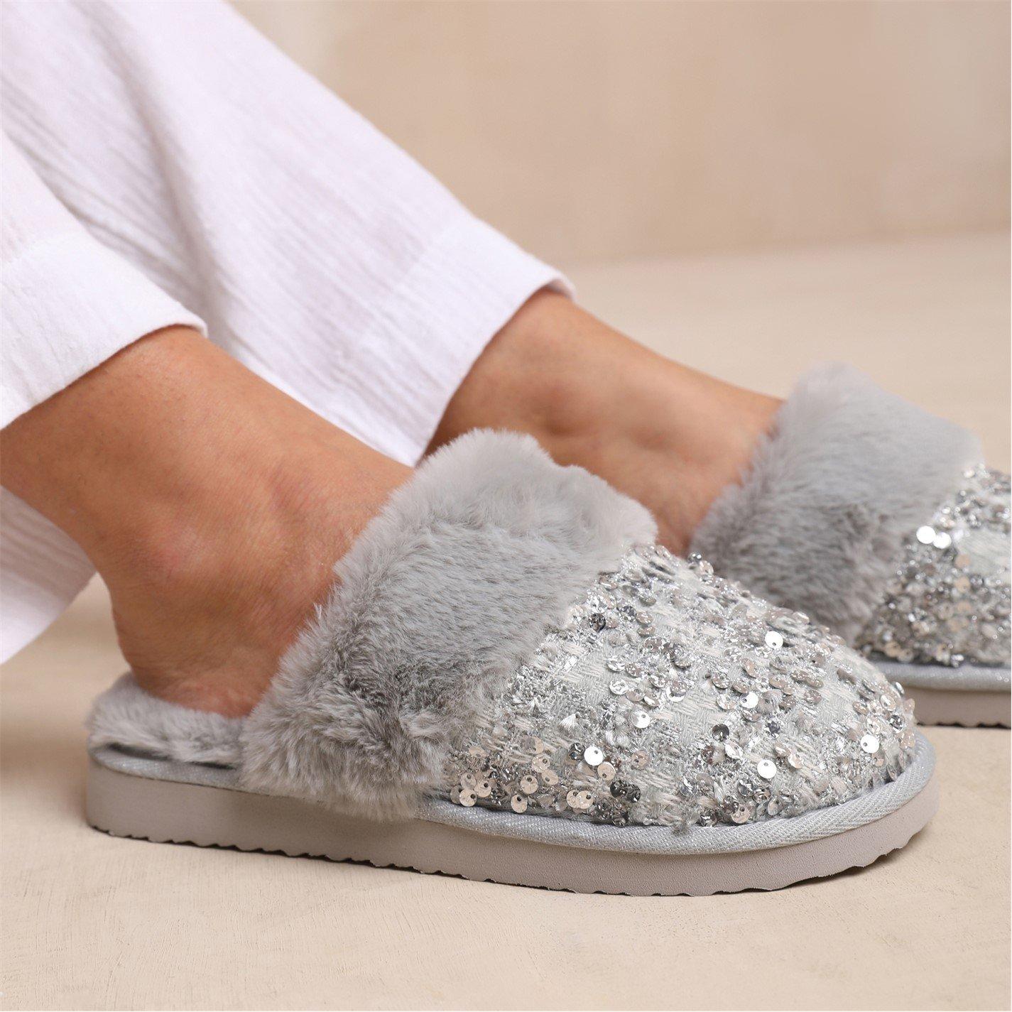 Greysilver - Wheres That From - Cozy Slip On Sequin Slippers With Fur Trim In Grey - 3