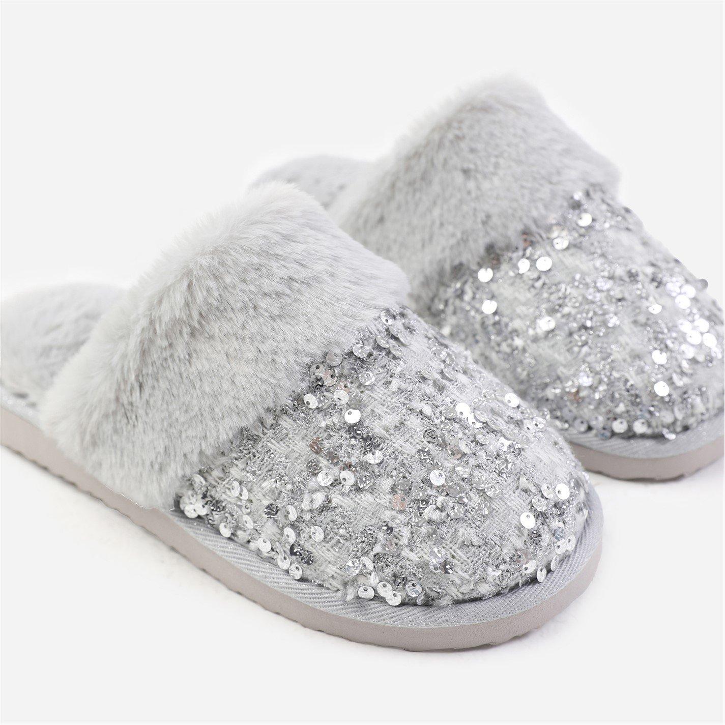 Greysilver - Wheres That From - Cozy Slip On Sequin Slippers With Fur Trim In Grey - 4
