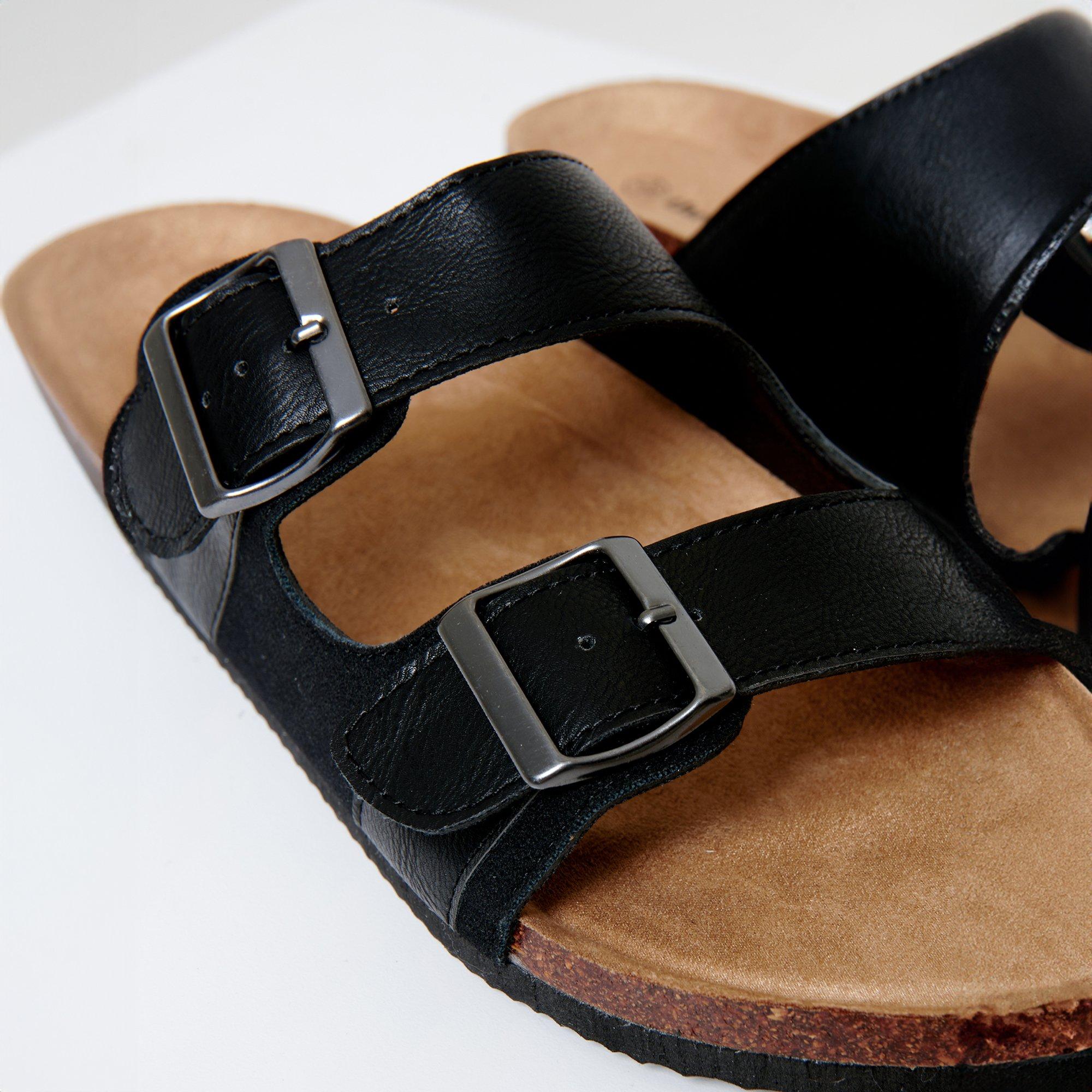 Black - Threadbare - Men's Slip-On Two Buckle Strap Flat Sandals - 2