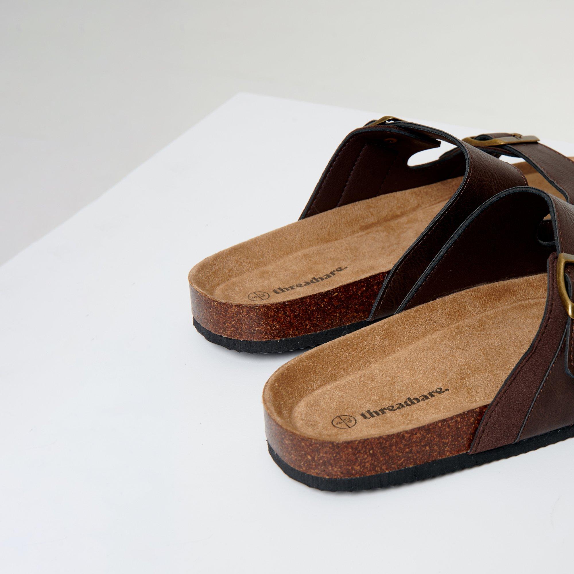 Brown - Threadbare - Men's Slip-On Two Buckle Strap Flat Sandals - 3