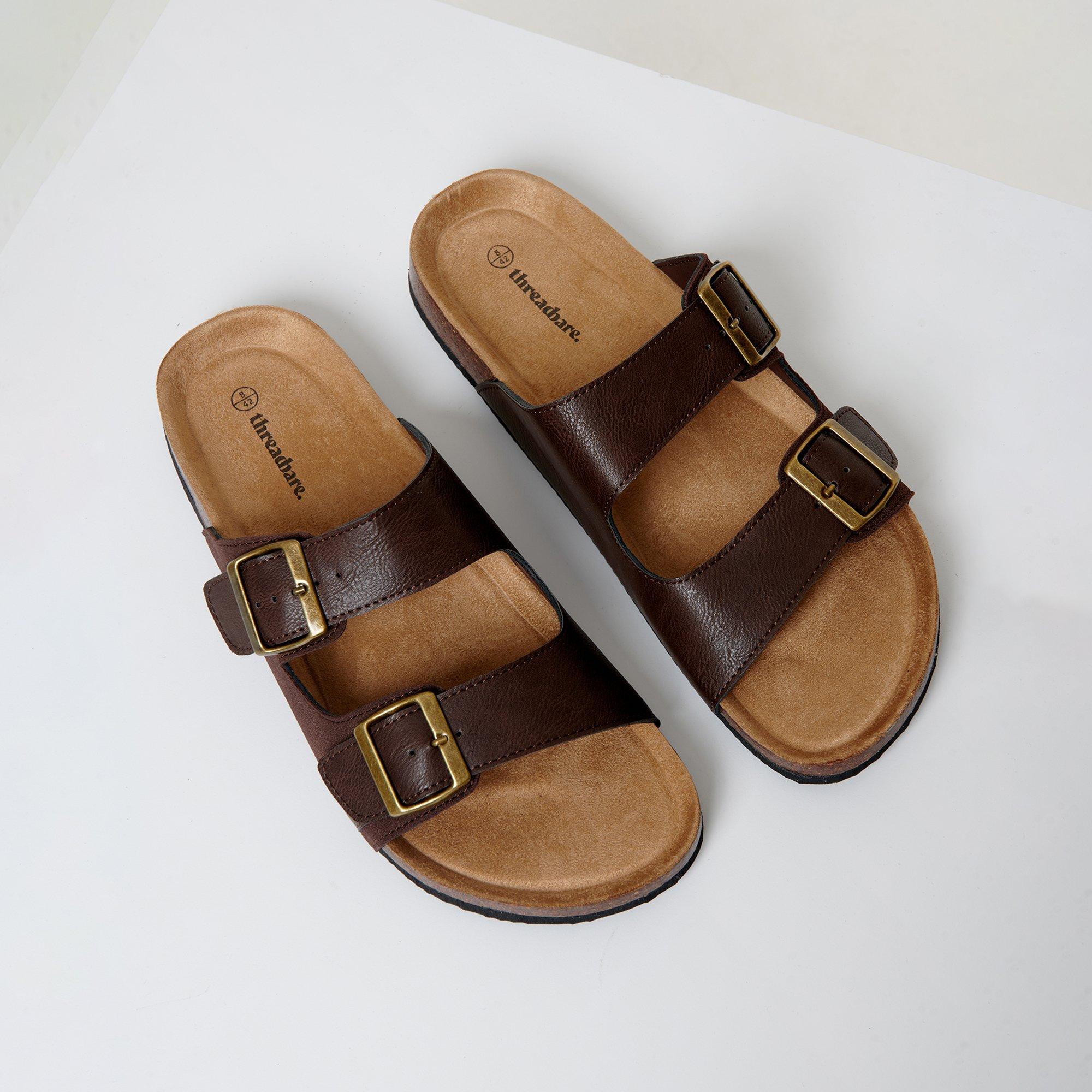 Brown - Threadbare - Men's Slip-On Two Buckle Strap Flat Sandals - 4