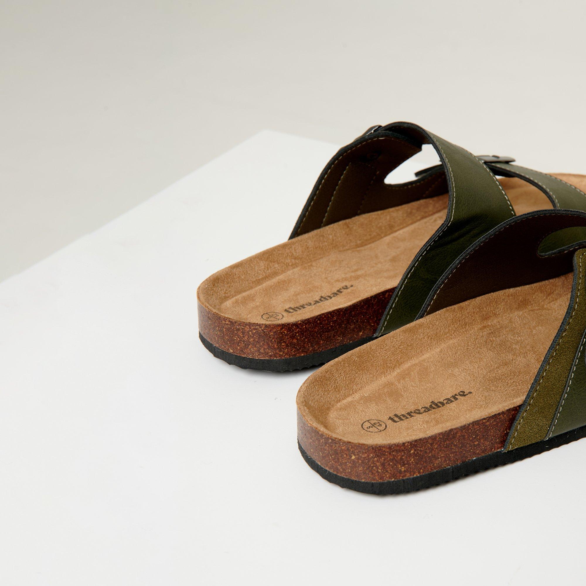 Khaki - Threadbare - Men's Slip-On Two Buckle Strap Flat Sandals - 3