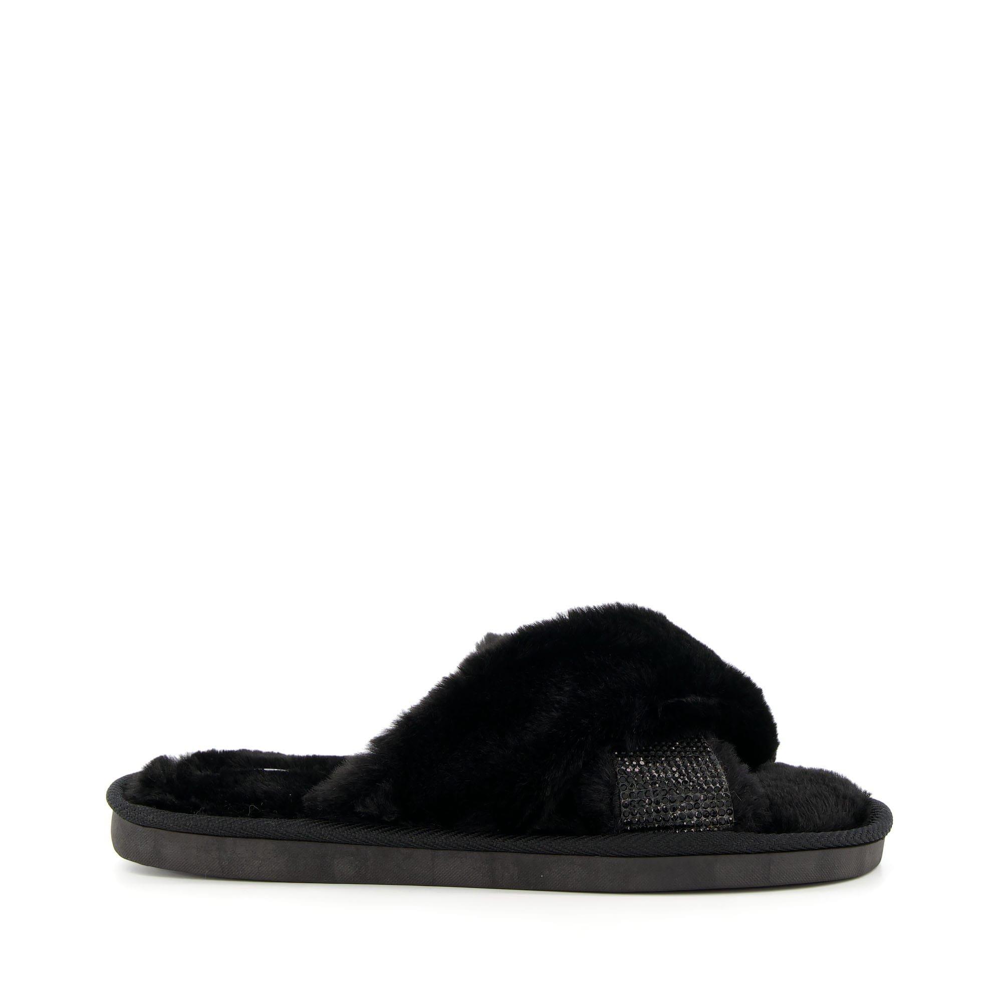 Black - Dune London - Winta Diamante Cross Strap Faux Fur Slippers - 1