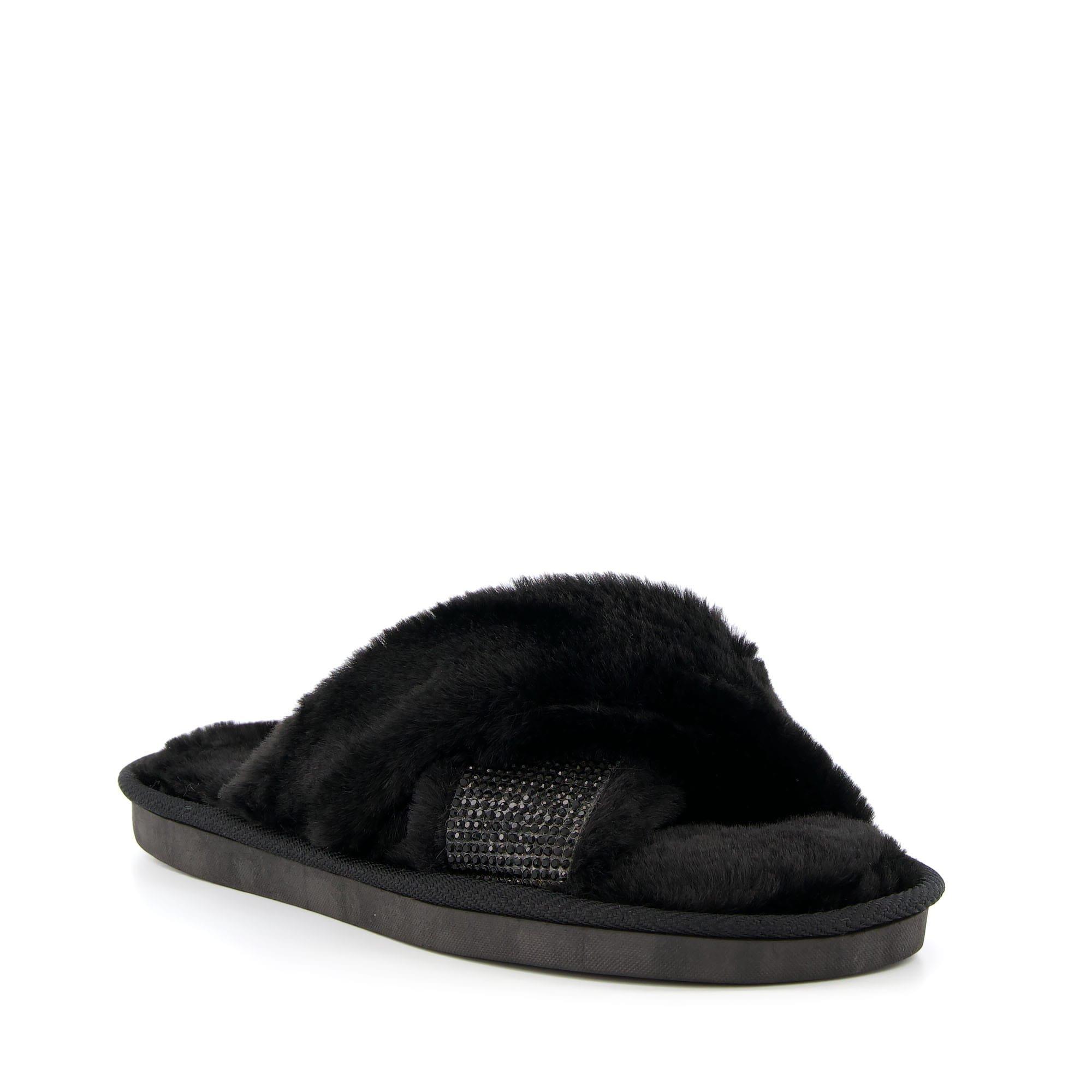 Black - Dune London - Winta Diamante Cross Strap Faux Fur Slippers - 2