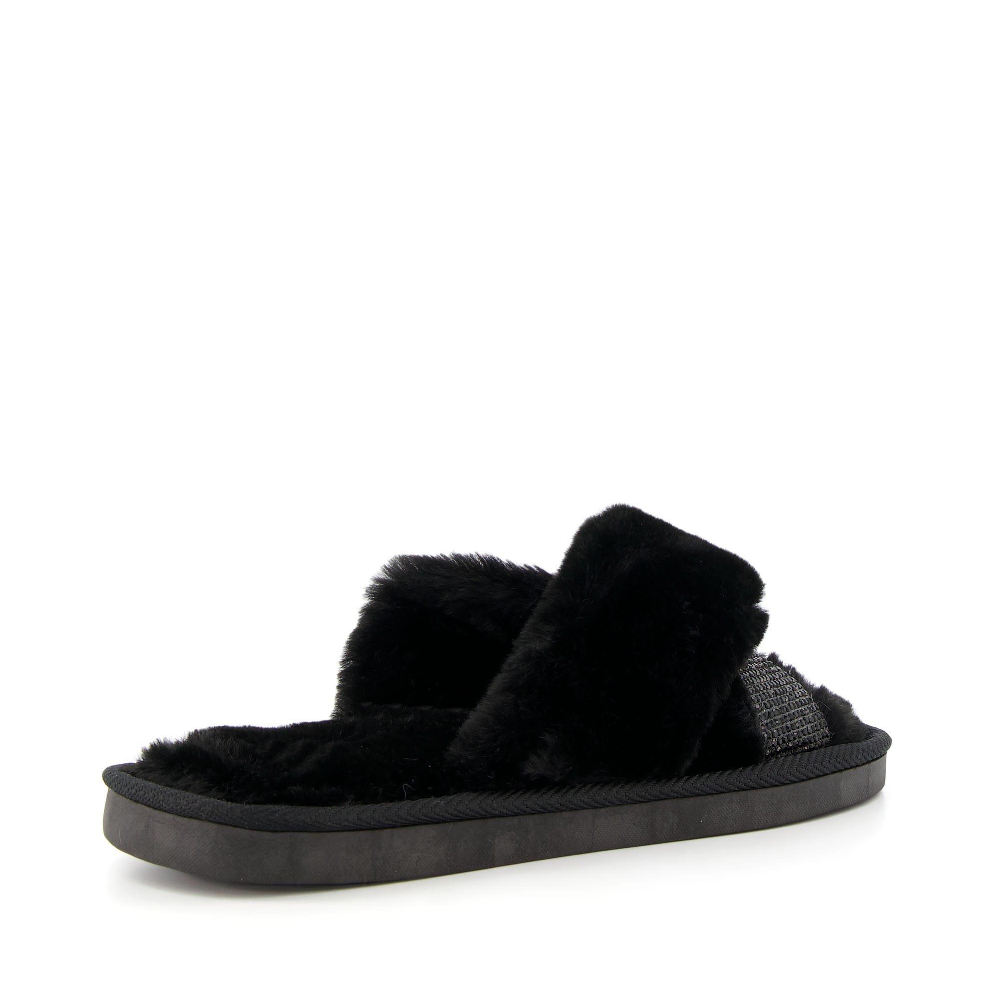 Black - Dune London - Winta Diamante Cross Strap Faux Fur Slippers - 3