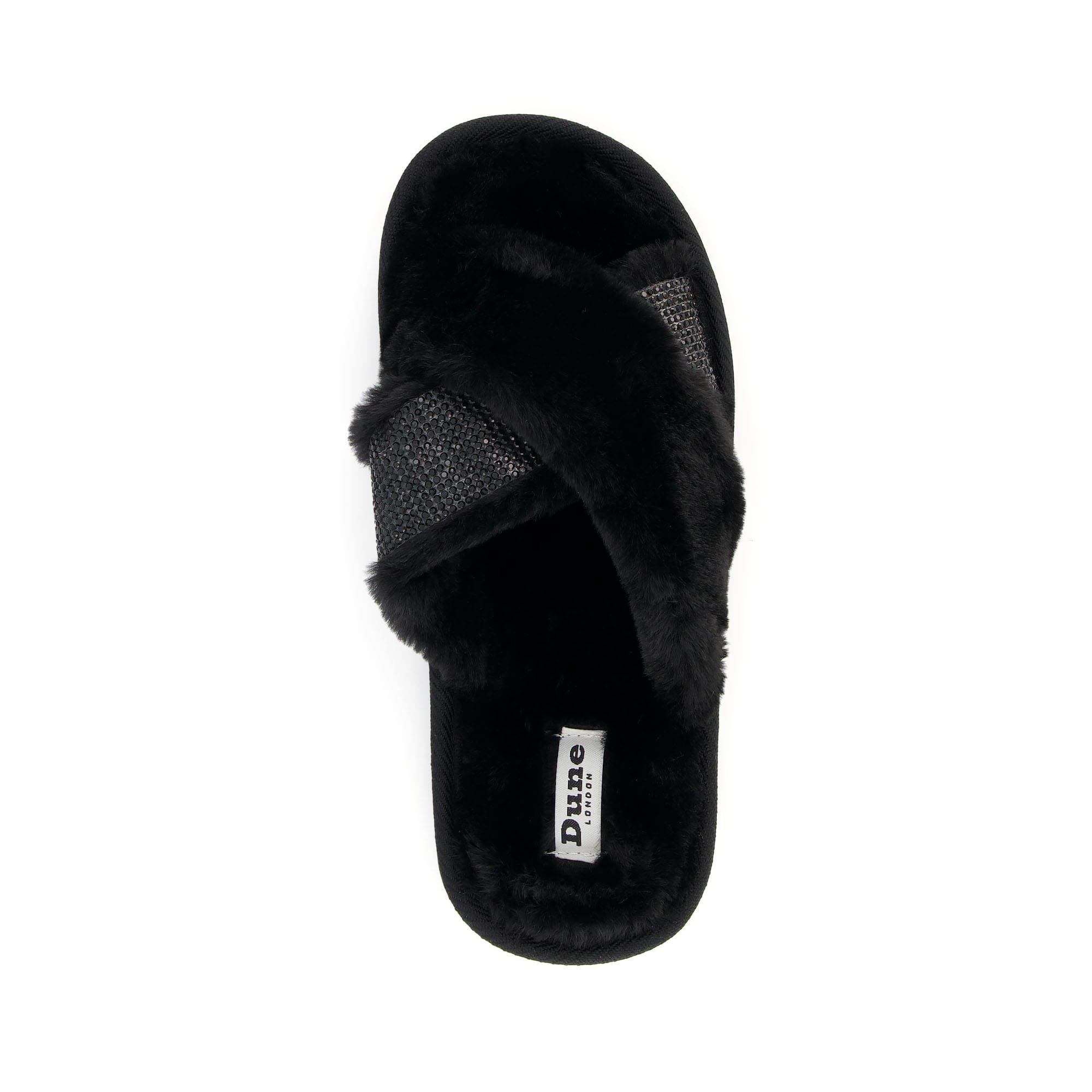 Black - Dune London - Winta Diamante Cross Strap Faux Fur Slippers - 4