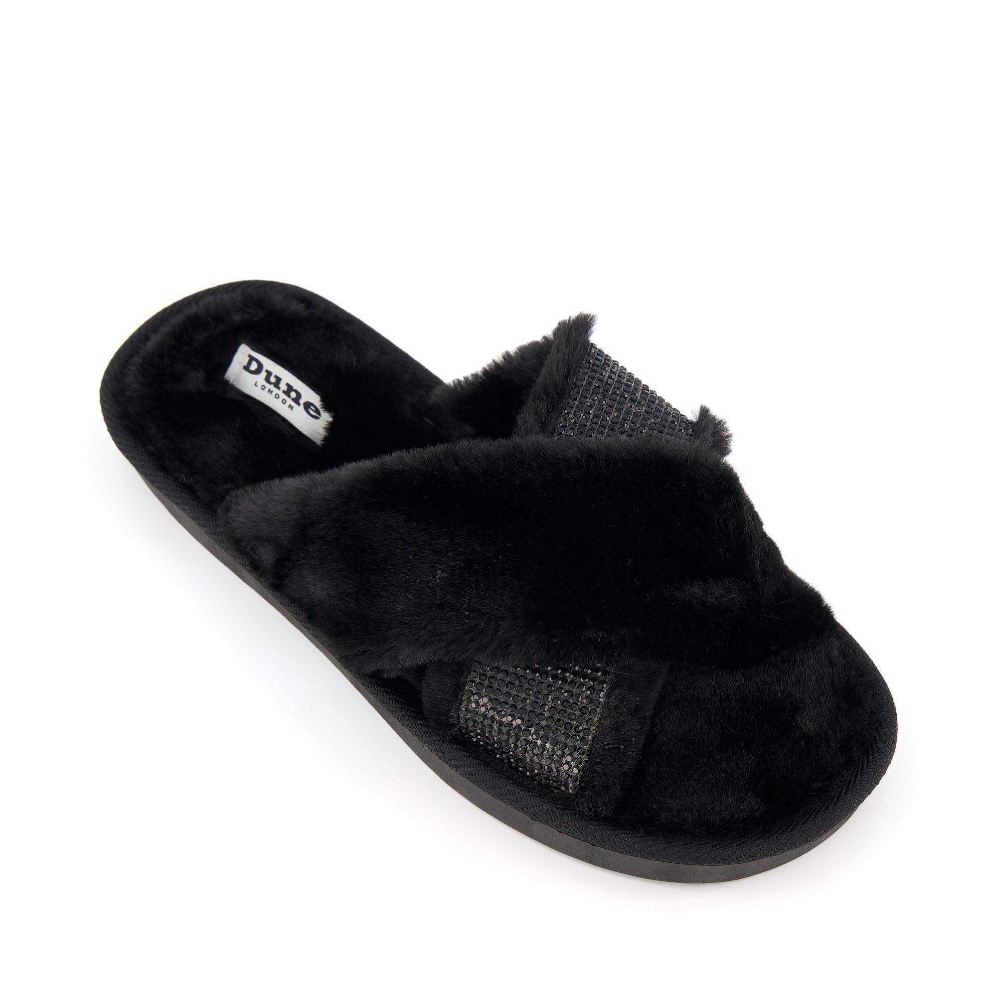 Black - Dune London - Winta Diamante Cross Strap Faux Fur Slippers - 5