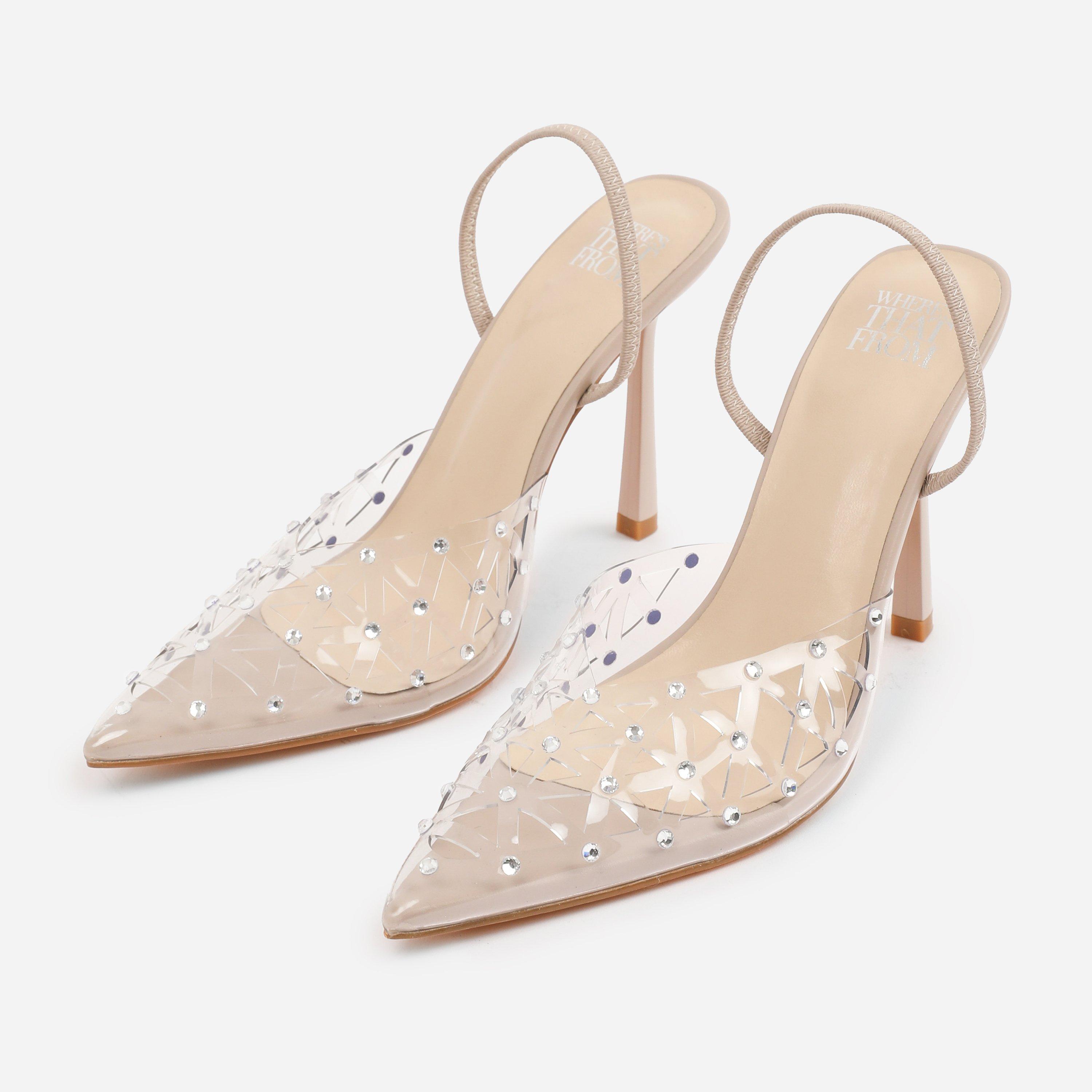 Cream - Wheres That From - Nude Visenya Perspex Diamante Slingback High Heels - 3
