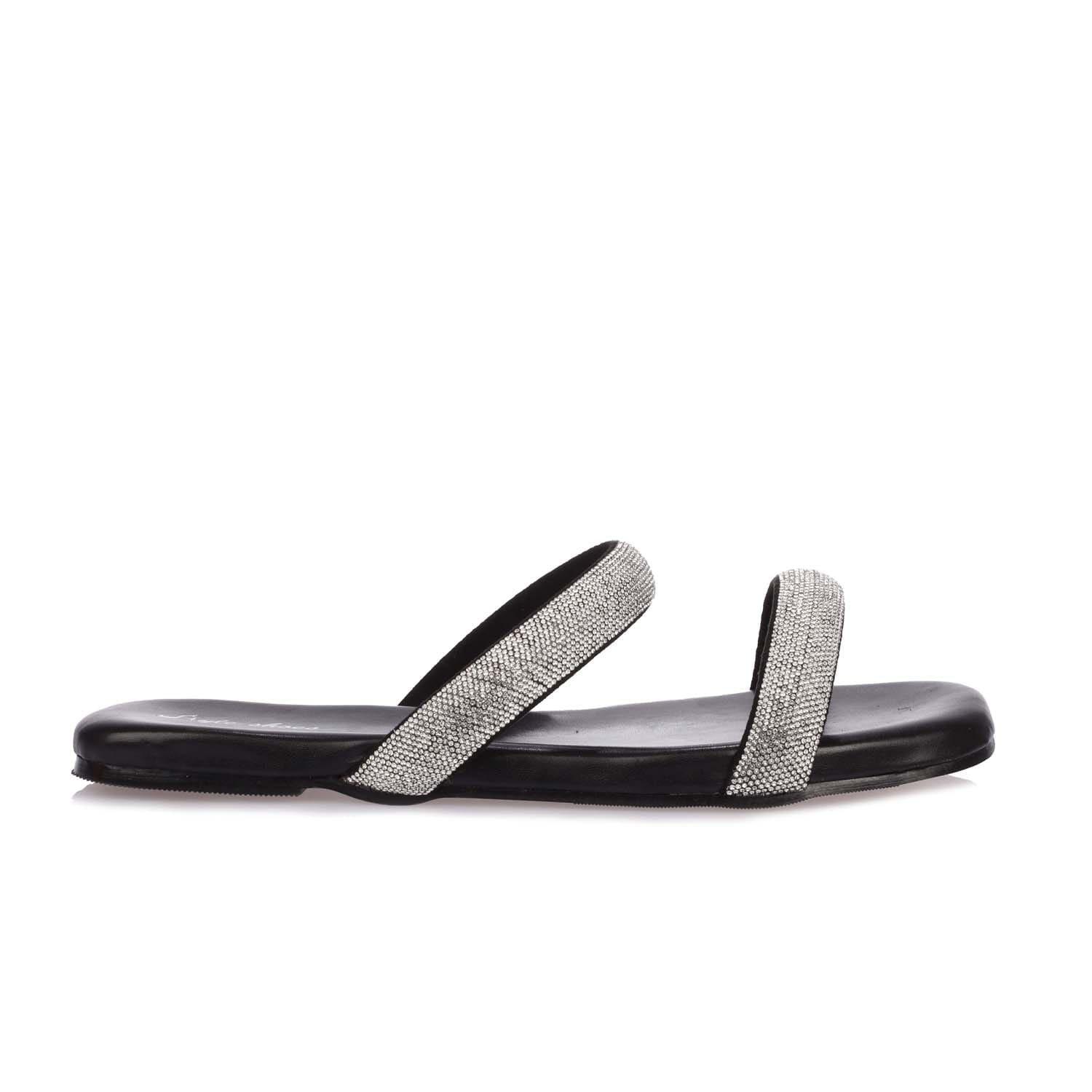 Black - No Doubt - Sparkly Double Strap Slip On Sandals - 1