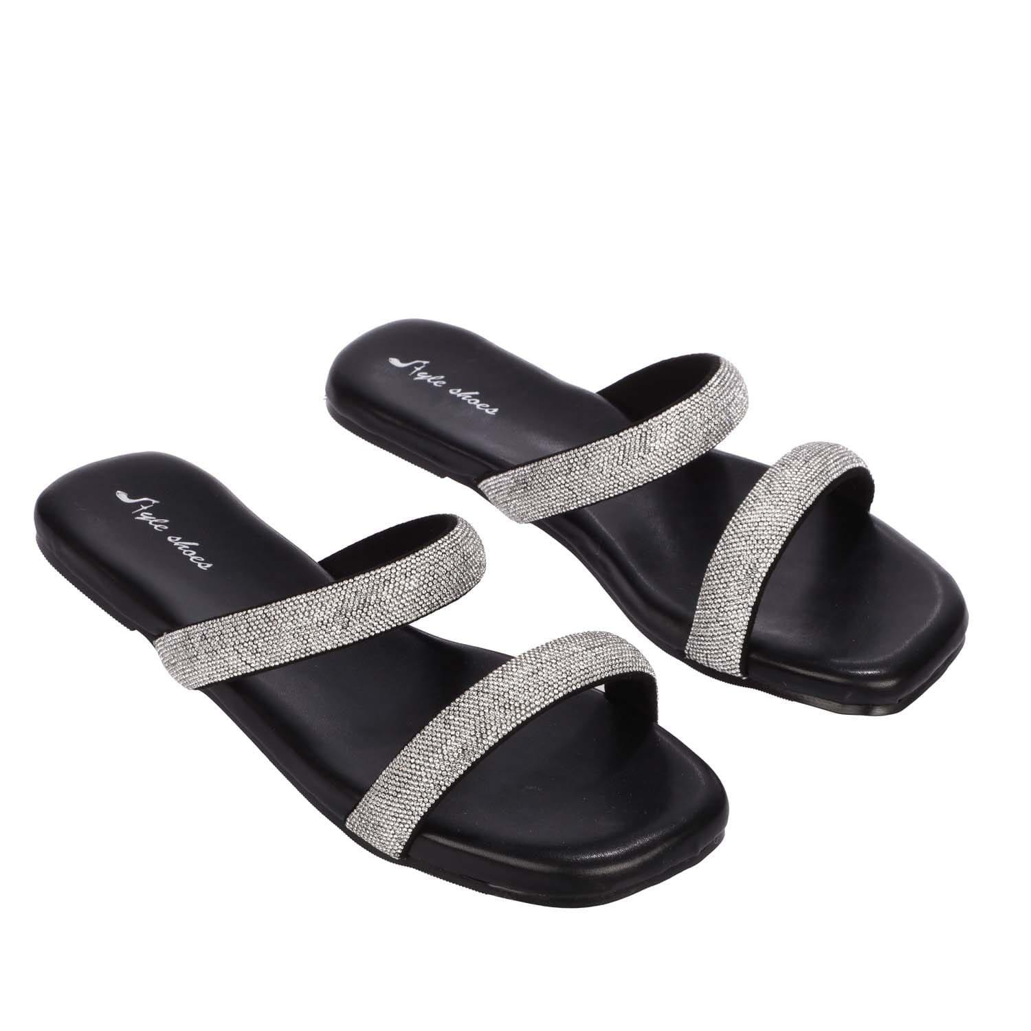 Black - No Doubt - Sparkly Double Strap Slip On Sandals - 2