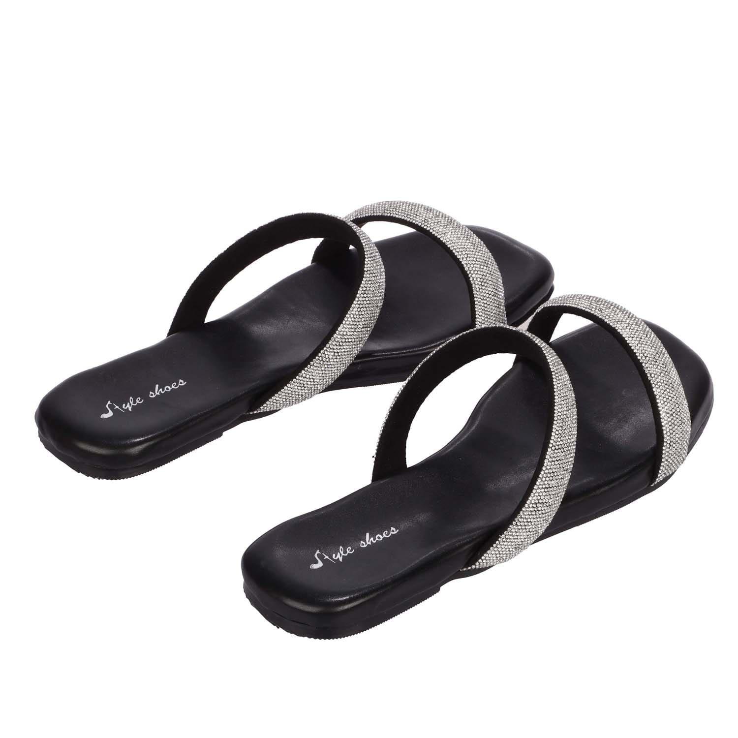 Black - No Doubt - Sparkly Double Strap Slip On Sandals - 3