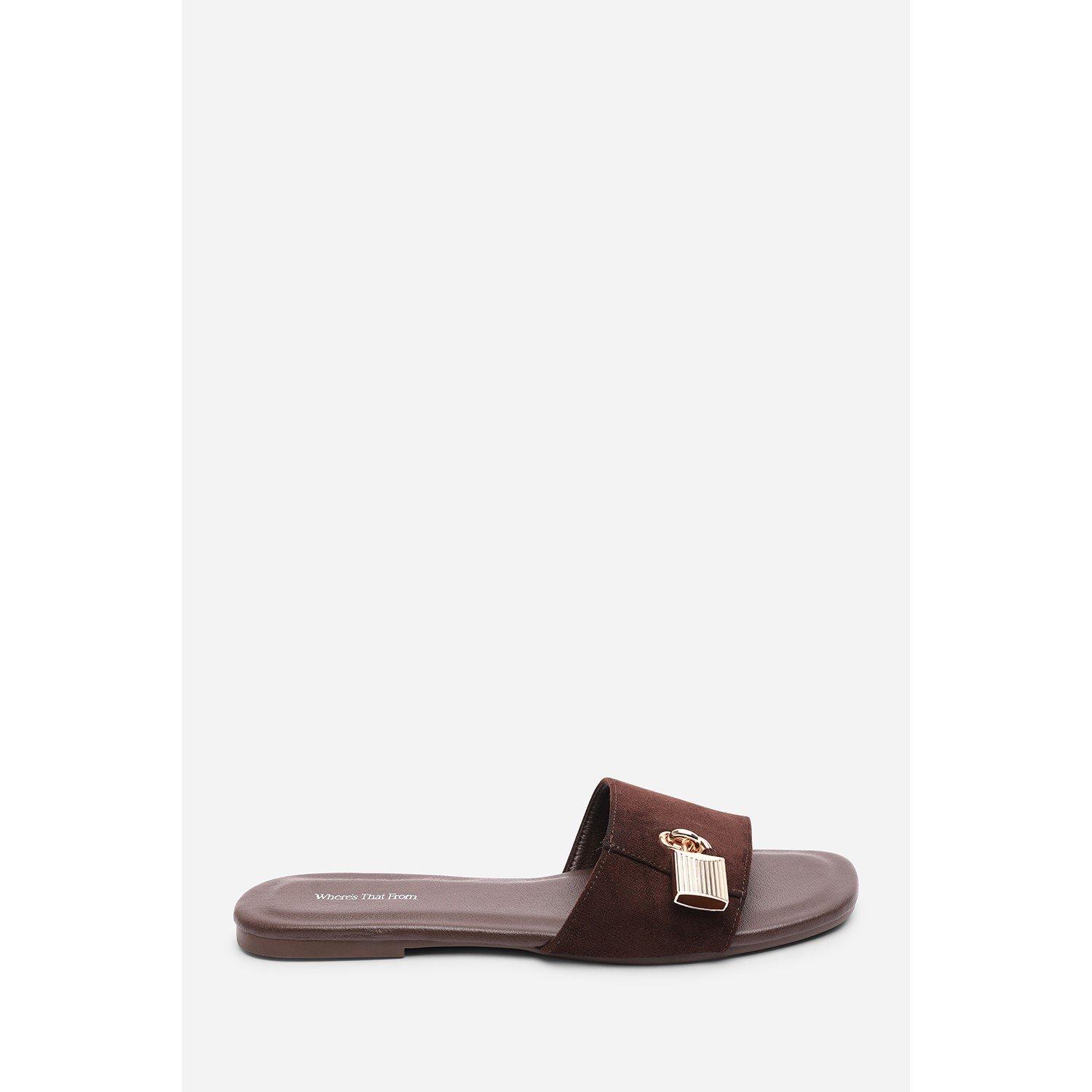 Dark Brown - Wheres That From - Solana Gold Trim Dark Brown Suede Slide On Sandal - 2