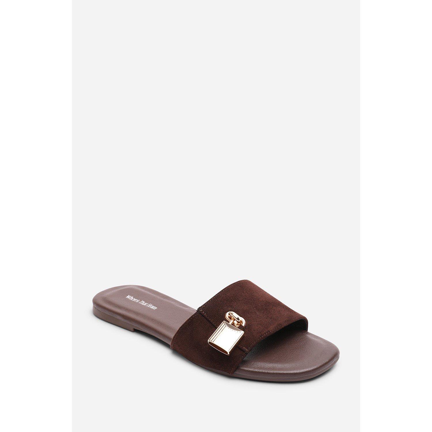 Dark Brown - Wheres That From - Solana Gold Trim Dark Brown Suede Slide On Sandal - 3