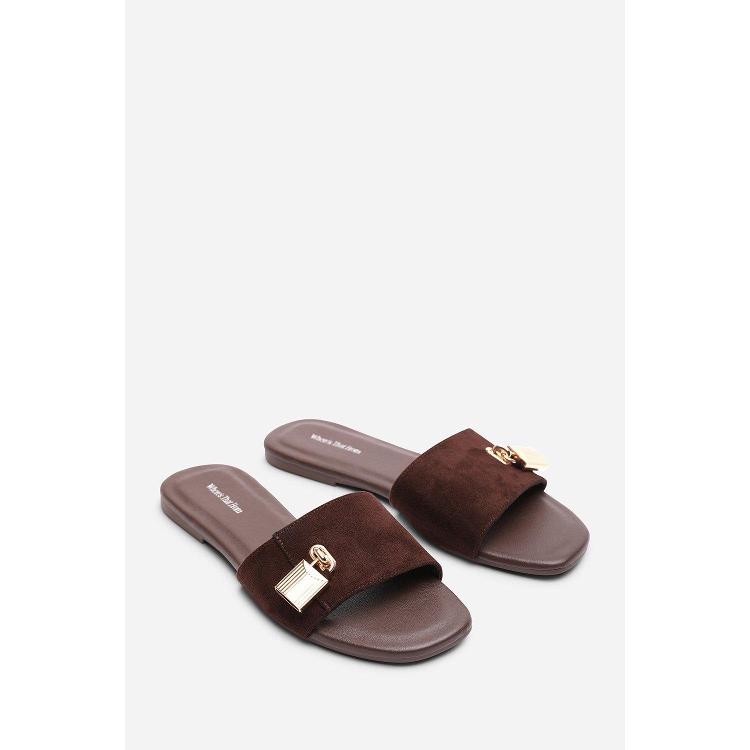 Dark Brown - Wheres That From - Solana Gold Trim Dark Brown Suede Slide On Sandal - 4