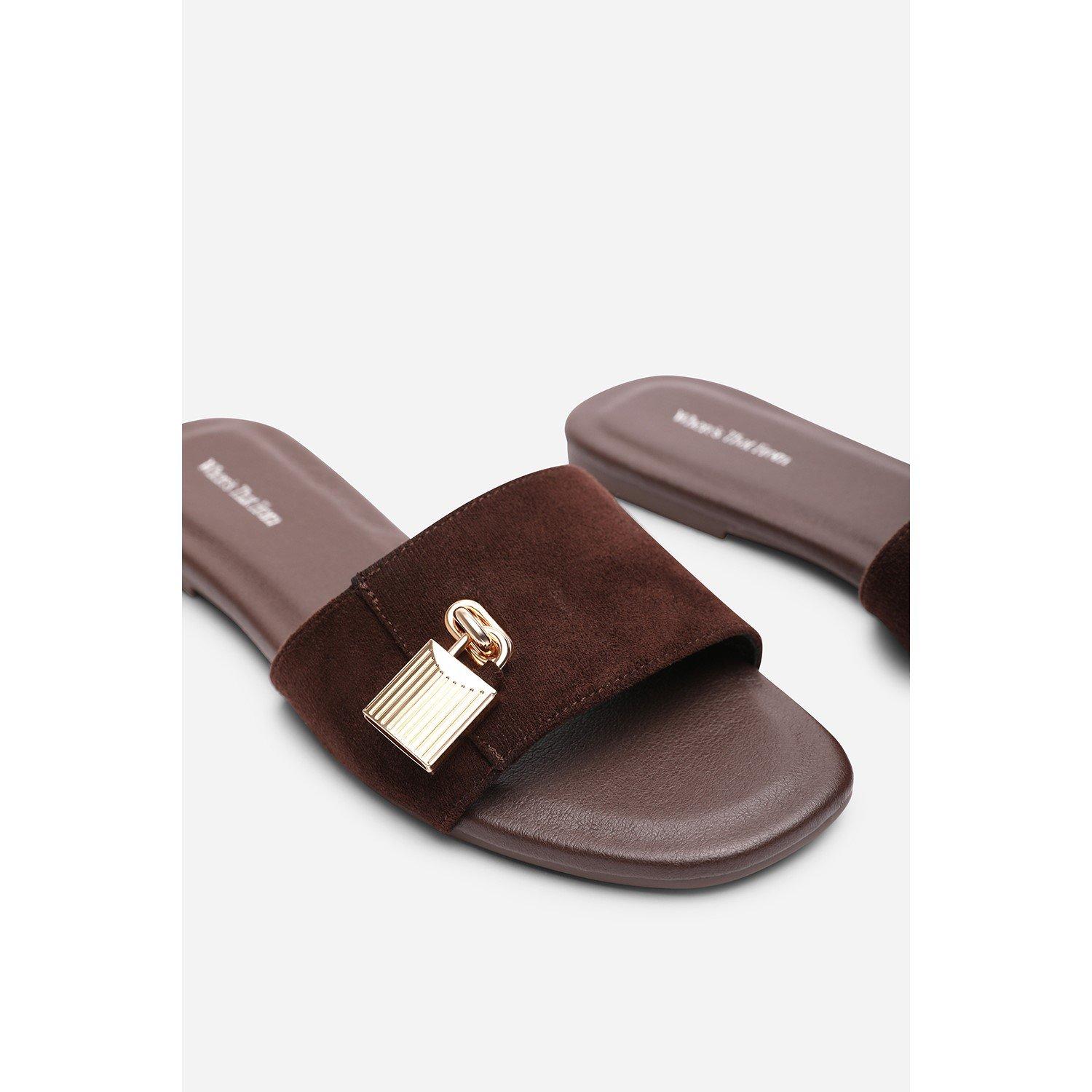 Dark Brown - Wheres That From - Solana Gold Trim Dark Brown Suede Slide On Sandal - 5