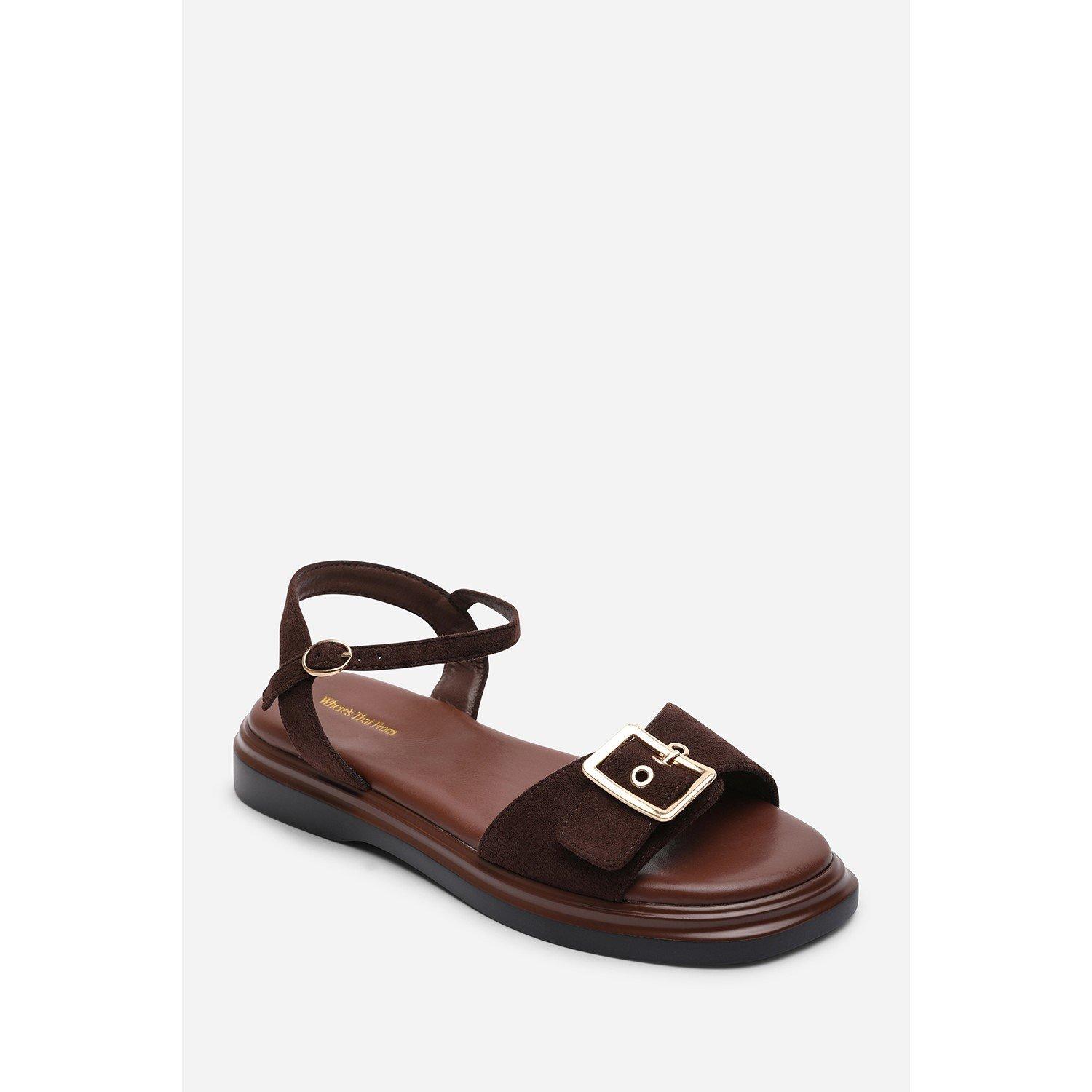 Dark Brown - Wheres That From - Coastal Front Buckle Flatform Dark Brown Suede San - 3