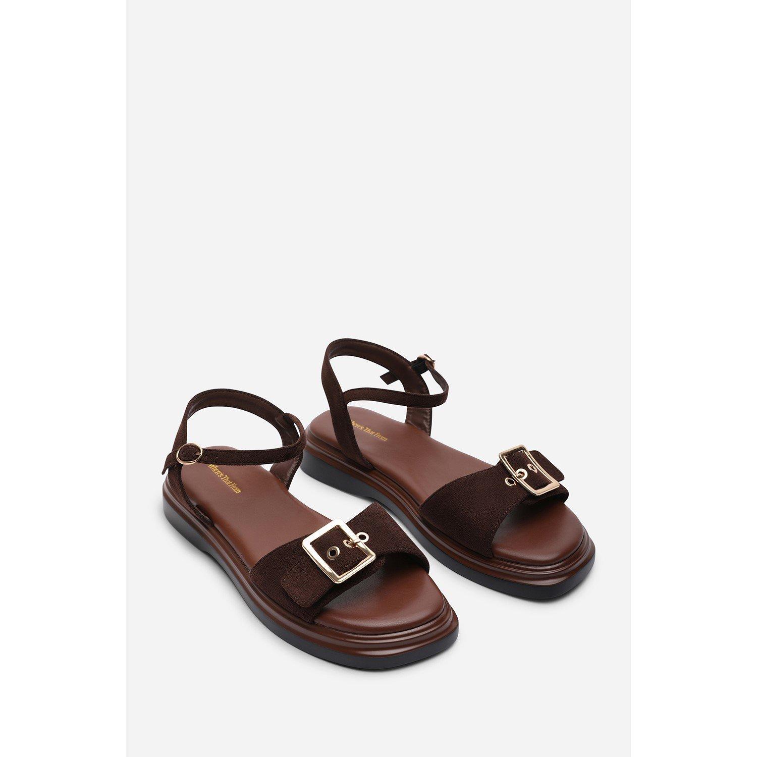 Dark Brown - Wheres That From - Coastal Front Buckle Flatform Dark Brown Suede San - 4