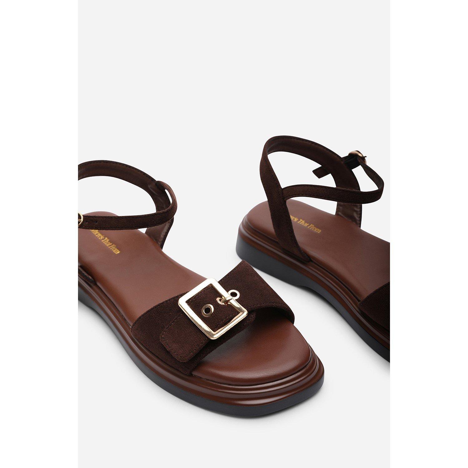 Dark Brown - Wheres That From - Coastal Front Buckle Flatform Dark Brown Suede San - 5