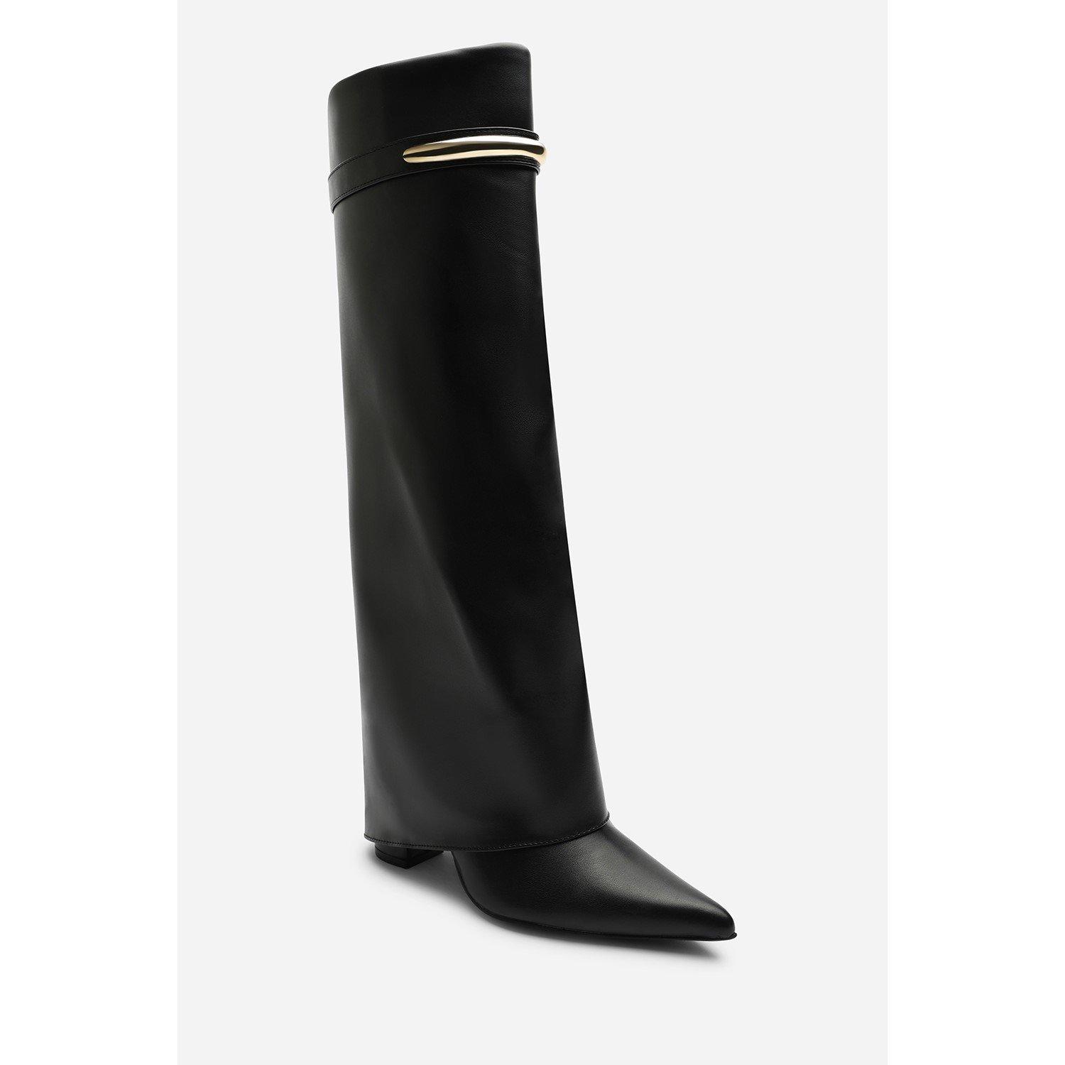 Black - Wheres That From - Nareva Fold Over Shark Block Heel Point Toe Boots - 4