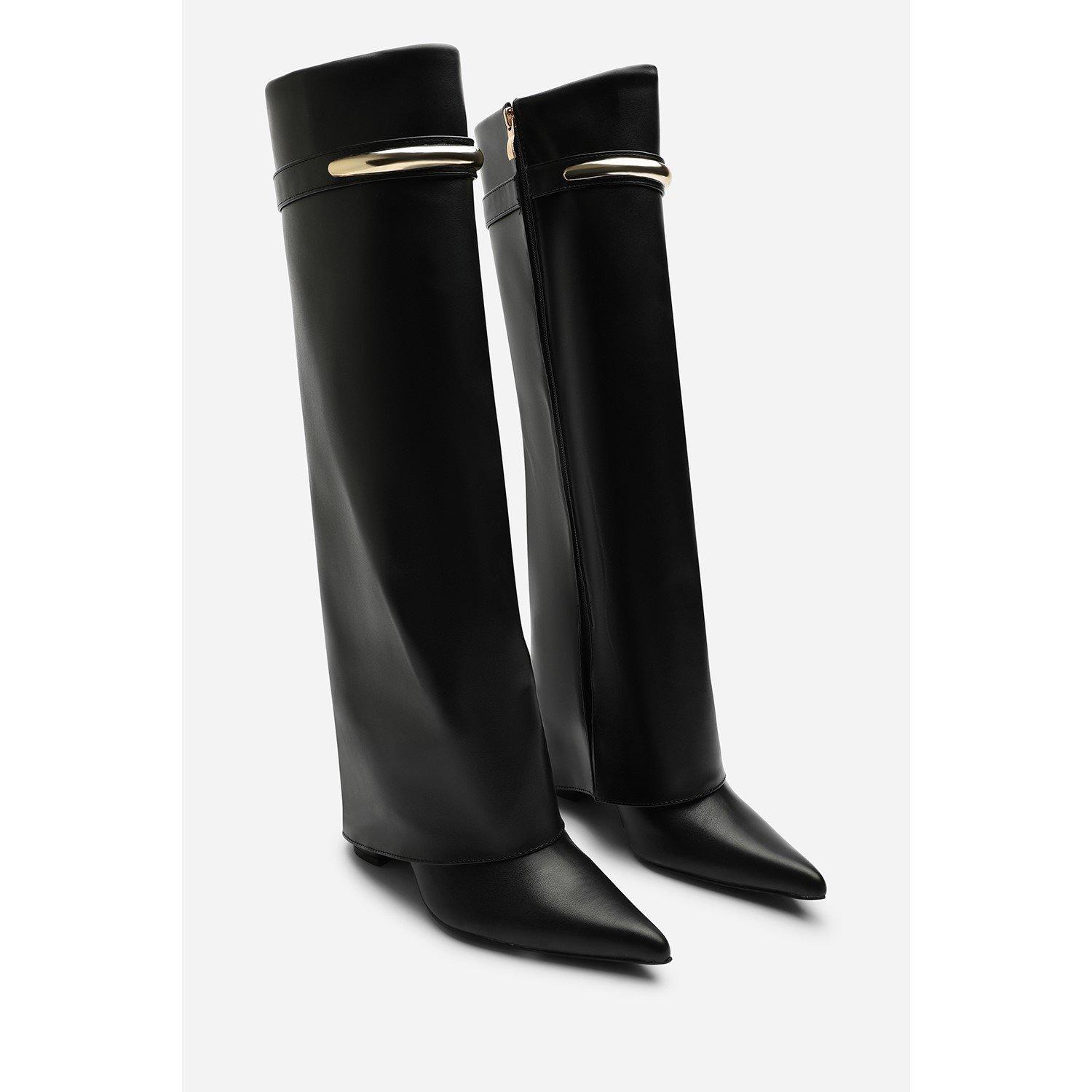 Black - Wheres That From - Nareva Fold Over Shark Block Heel Point Toe Boots - 5
