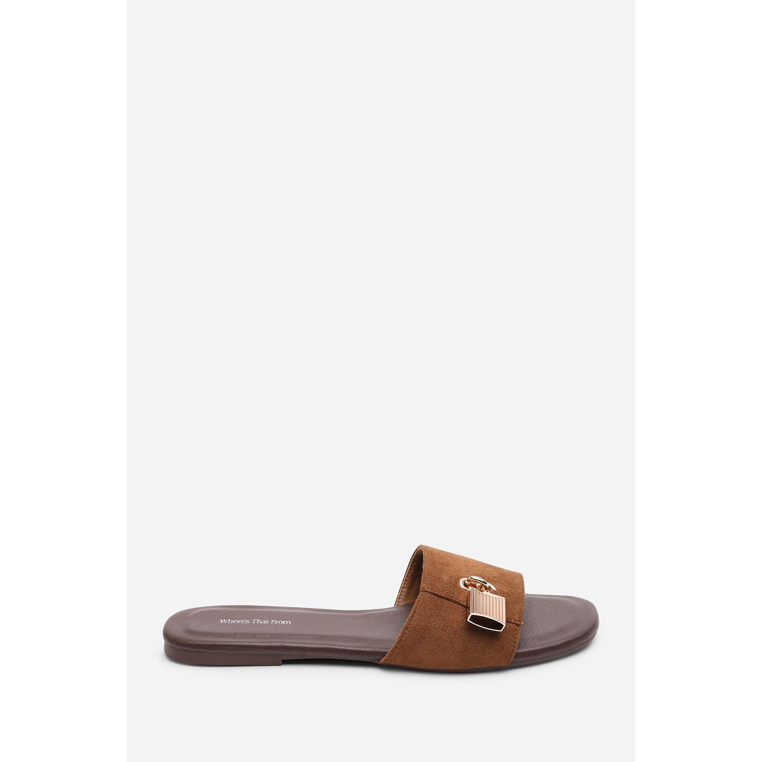 Cognac - Wheres That From - Solana Gold Trim Cognac Suede Slide On Sandal - 1