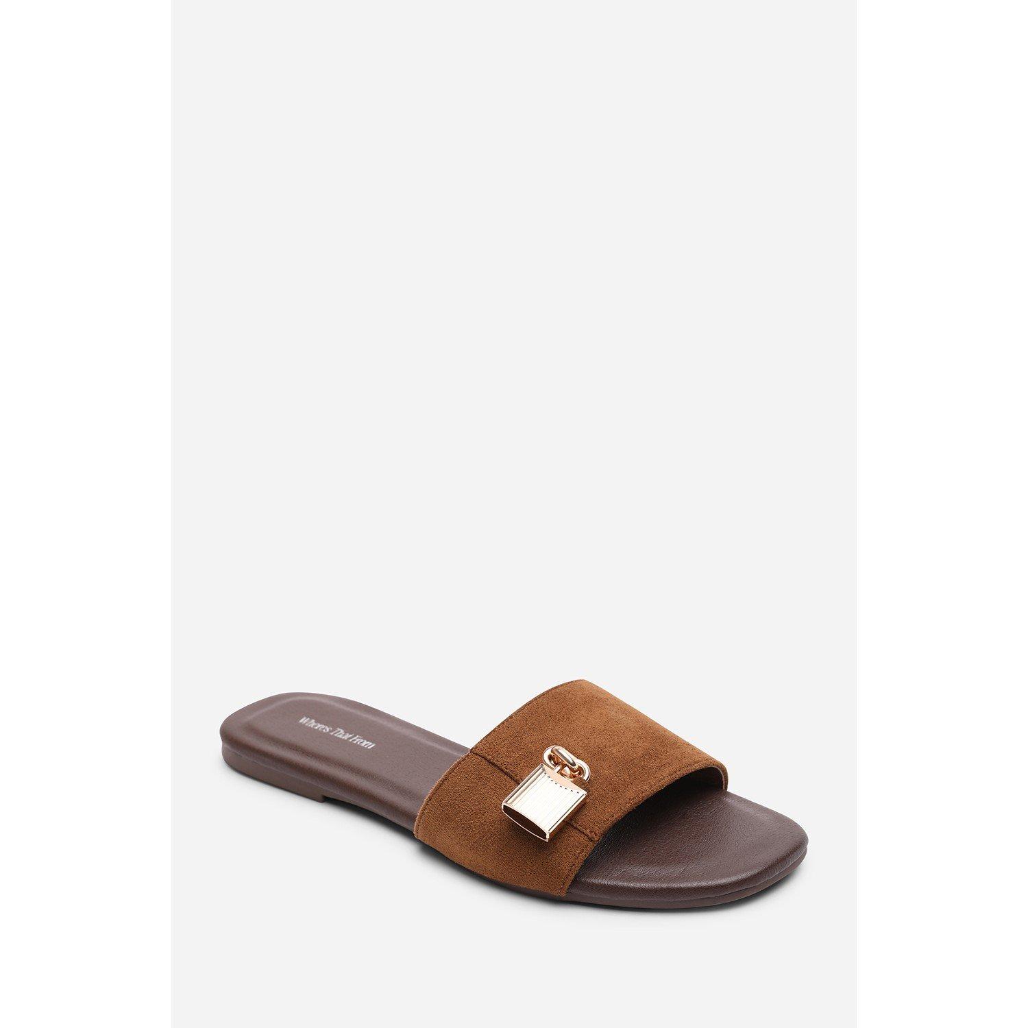 Cognac - Wheres That From - Solana Gold Trim Cognac Suede Slide On Sandal - 2