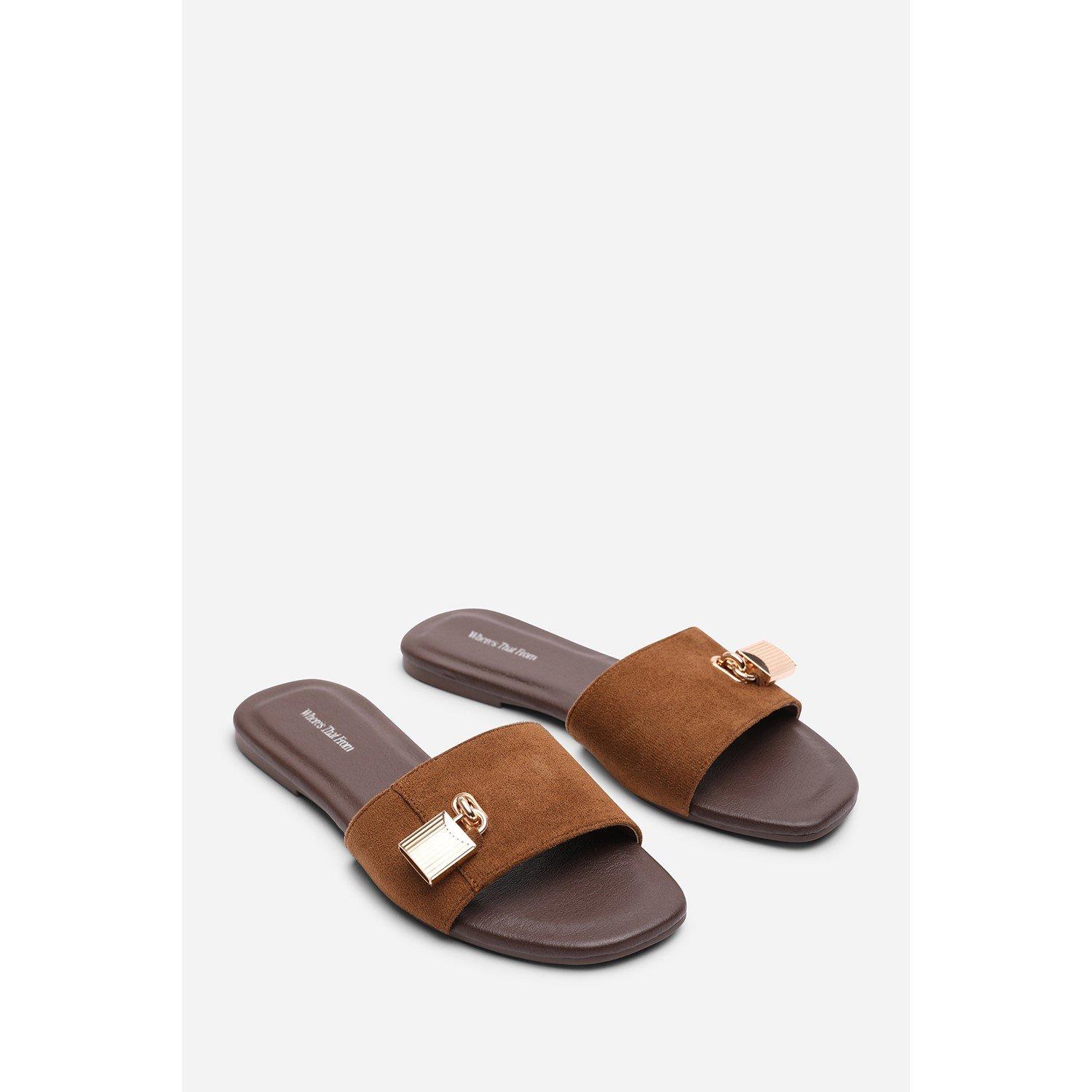 Cognac - Wheres That From - Solana Gold Trim Cognac Suede Slide On Sandal - 3