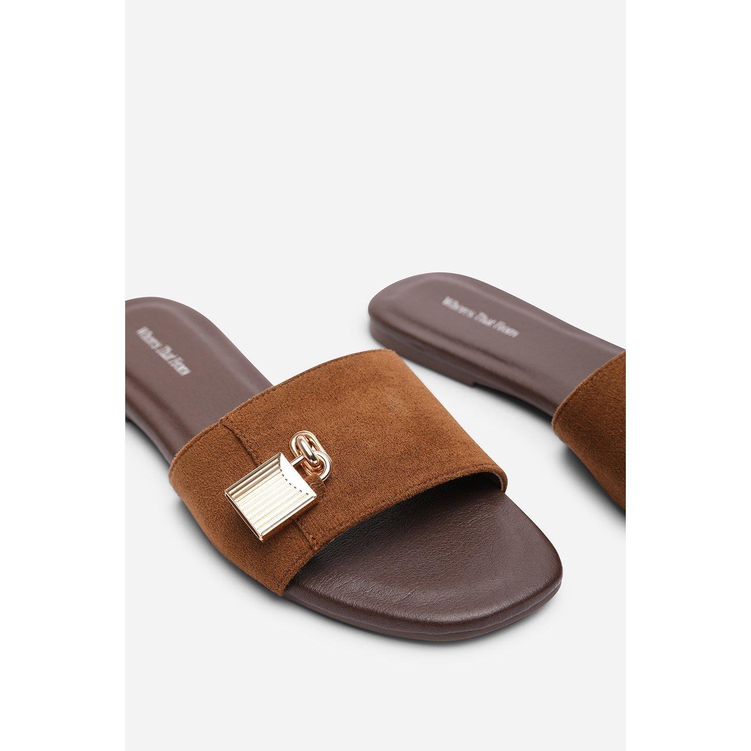Cognac - Wheres That From - Solana Gold Trim Cognac Suede Slide On Sandal - 4
