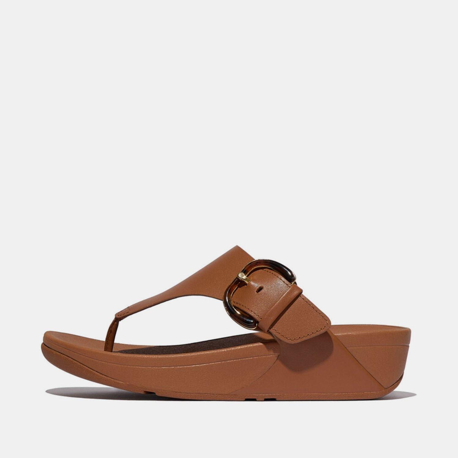 Tan - FitFlop - Lulu Resin-Buckle Leather Toe-Post Sandals - 1