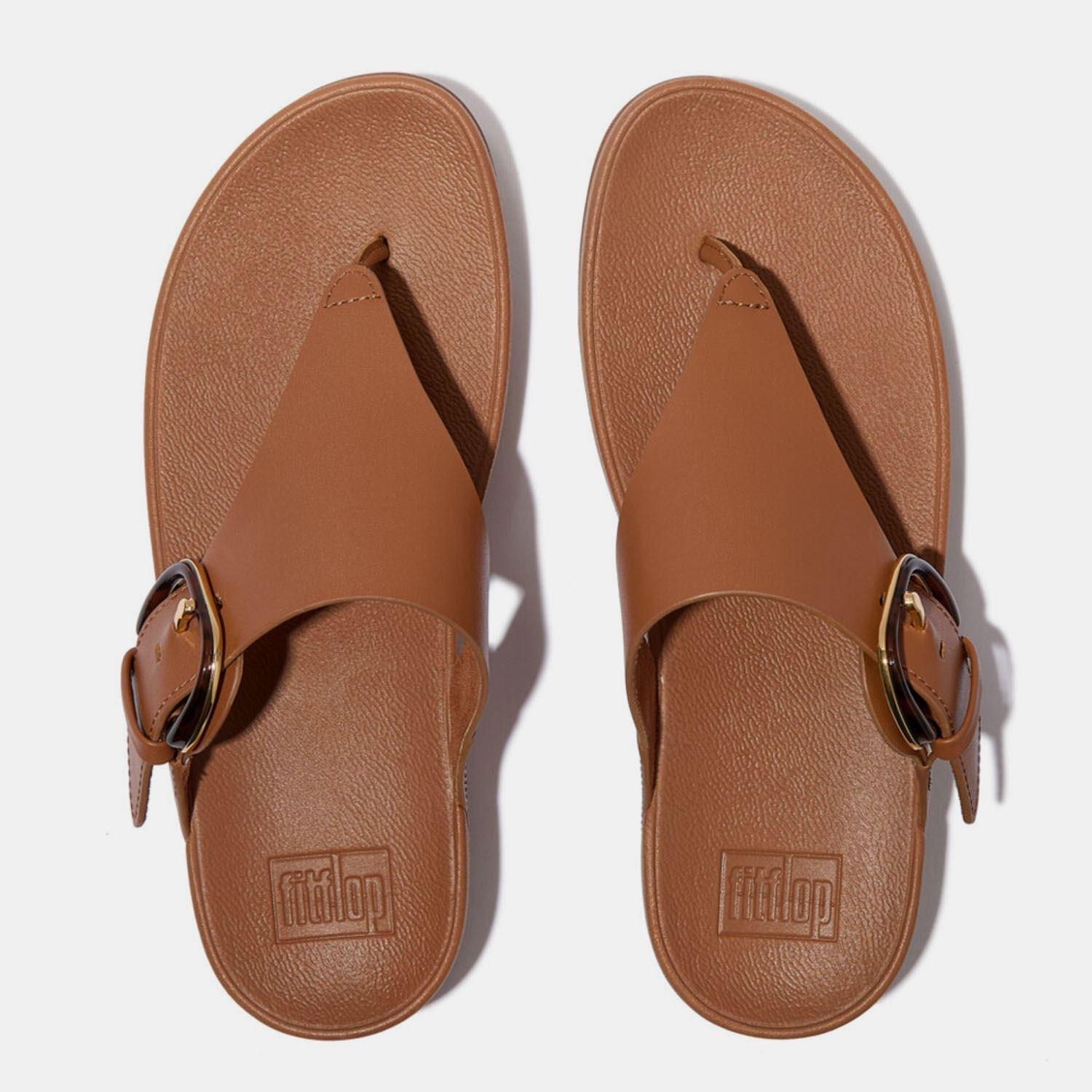 Tan - FitFlop - Lulu Resin-Buckle Leather Toe-Post Sandals - 5