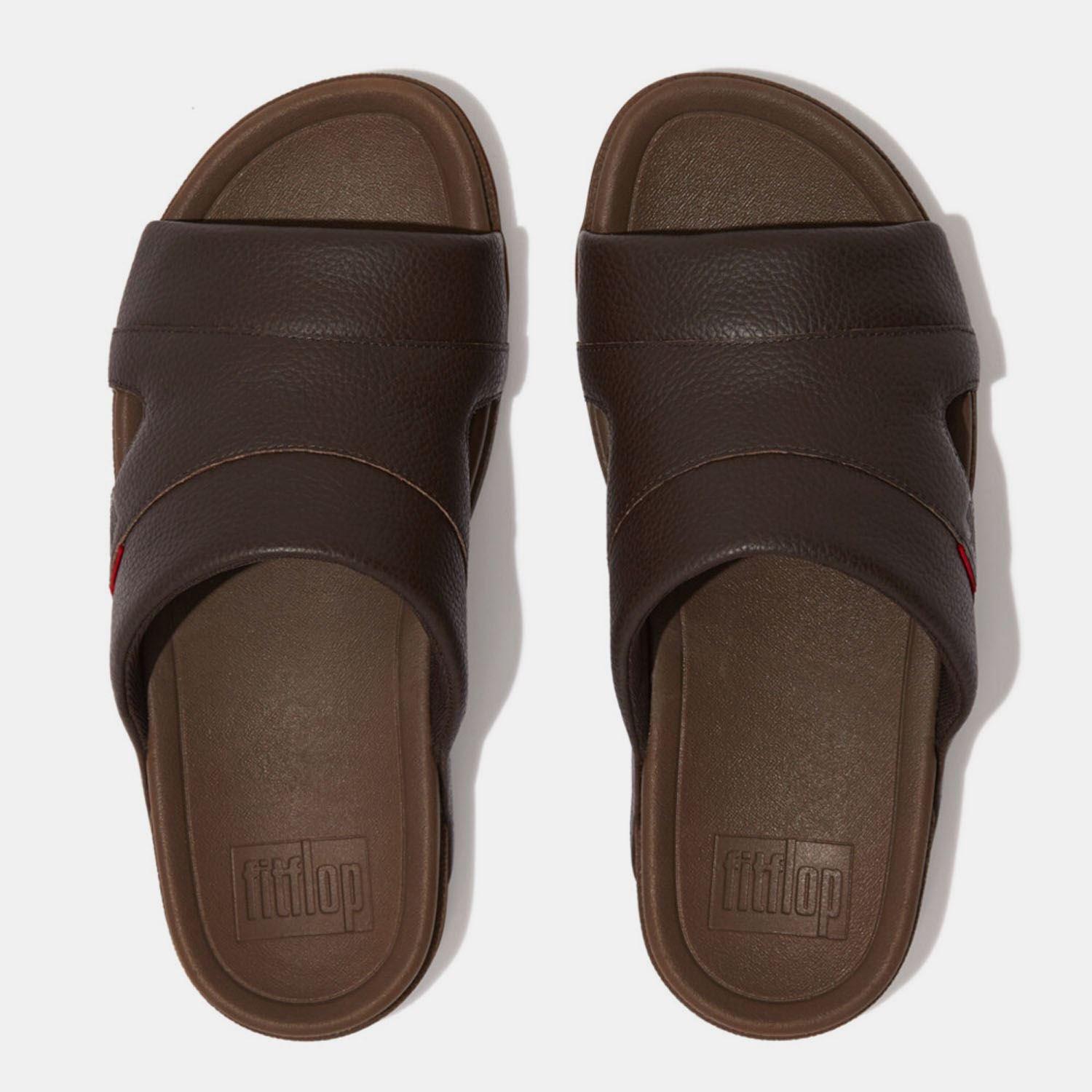 Brown - Fitflop - Freeway Leather Pool Sliders - 5