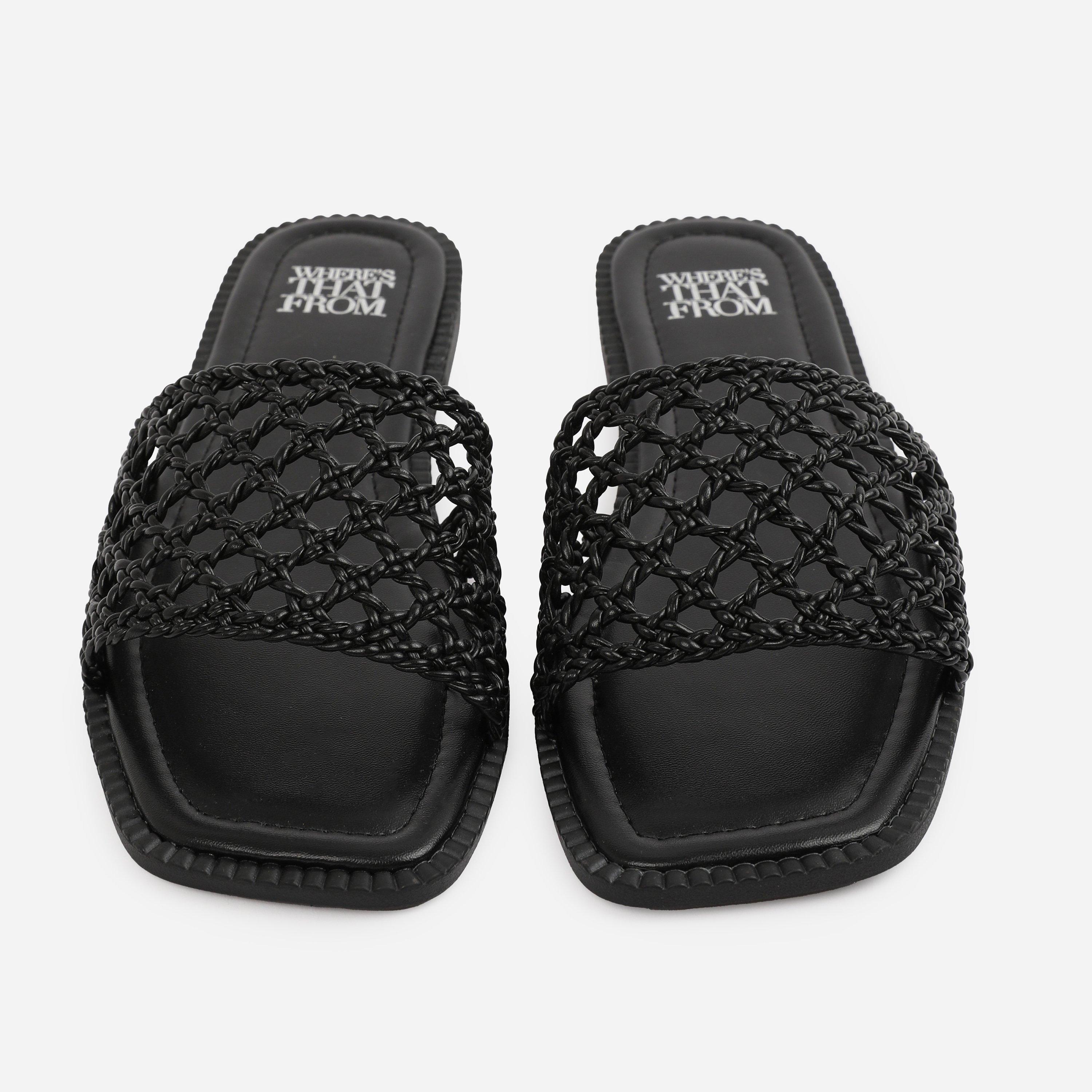 Black - Wheres That From - Black PU Chelsea Woven Strap Flat Sandals - 3