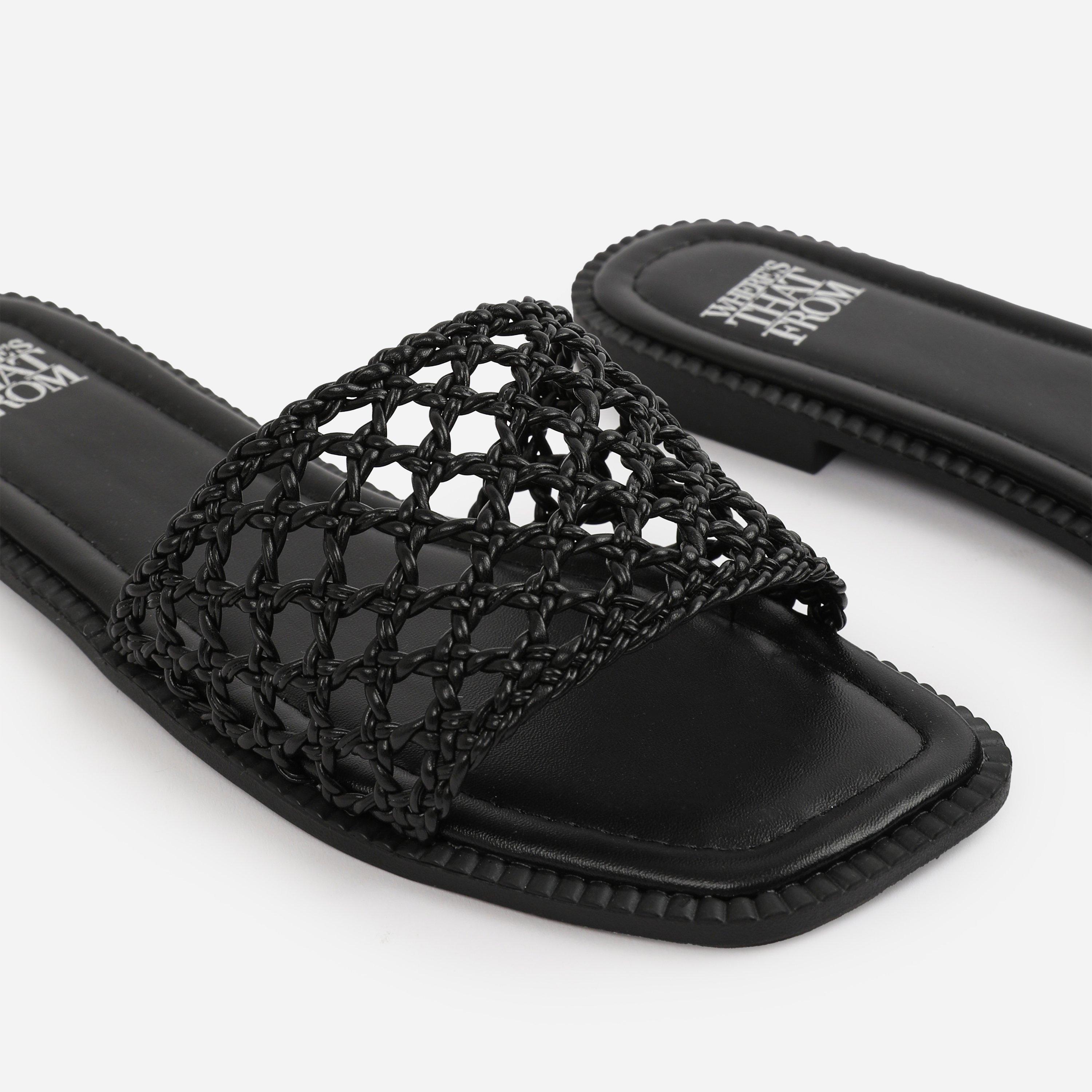 Black - Wheres That From - Black PU Chelsea Woven Strap Flat Sandals - 4