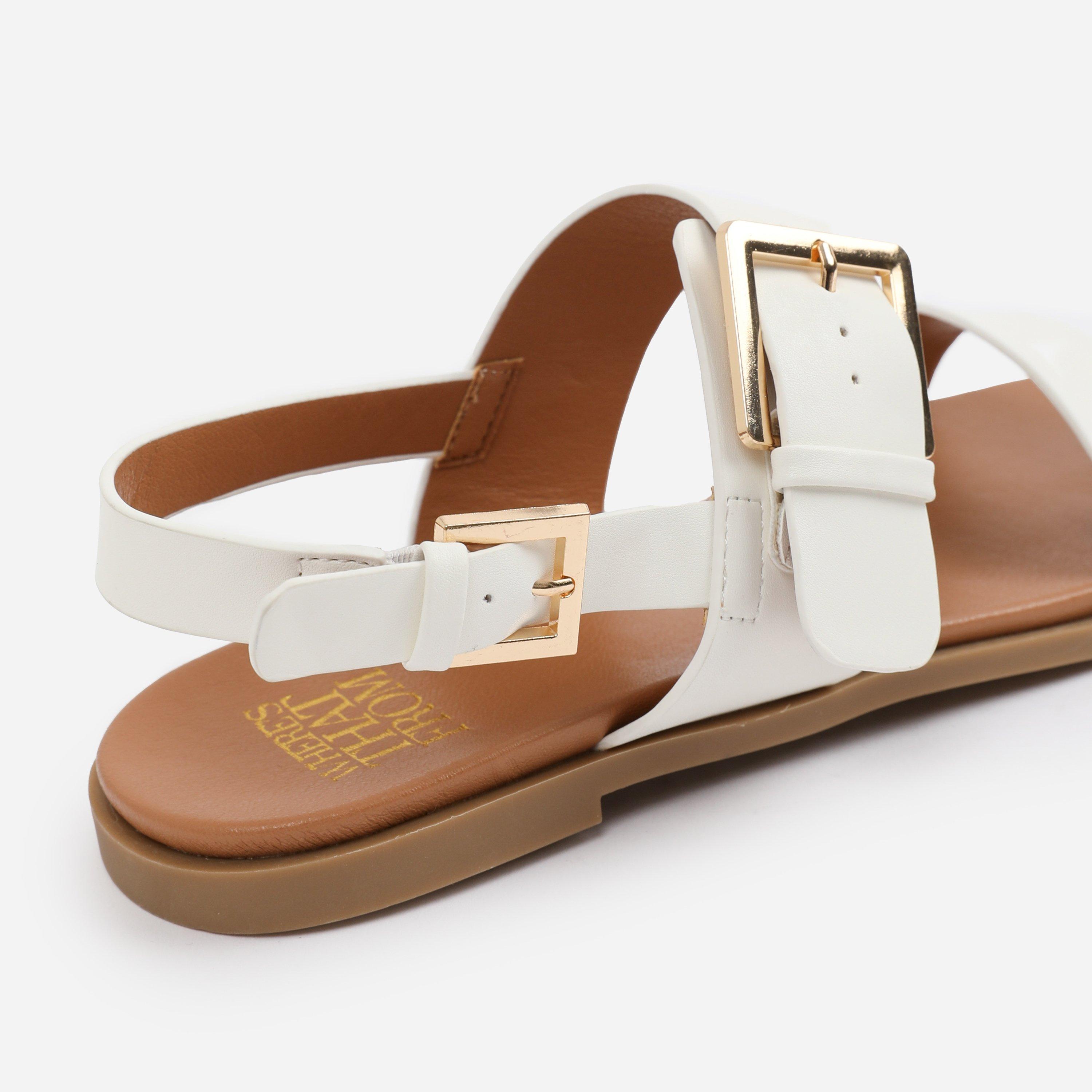 White - Wheres That From - Wide-Fit White PU Camilla Classic Flat Sandals - 4
