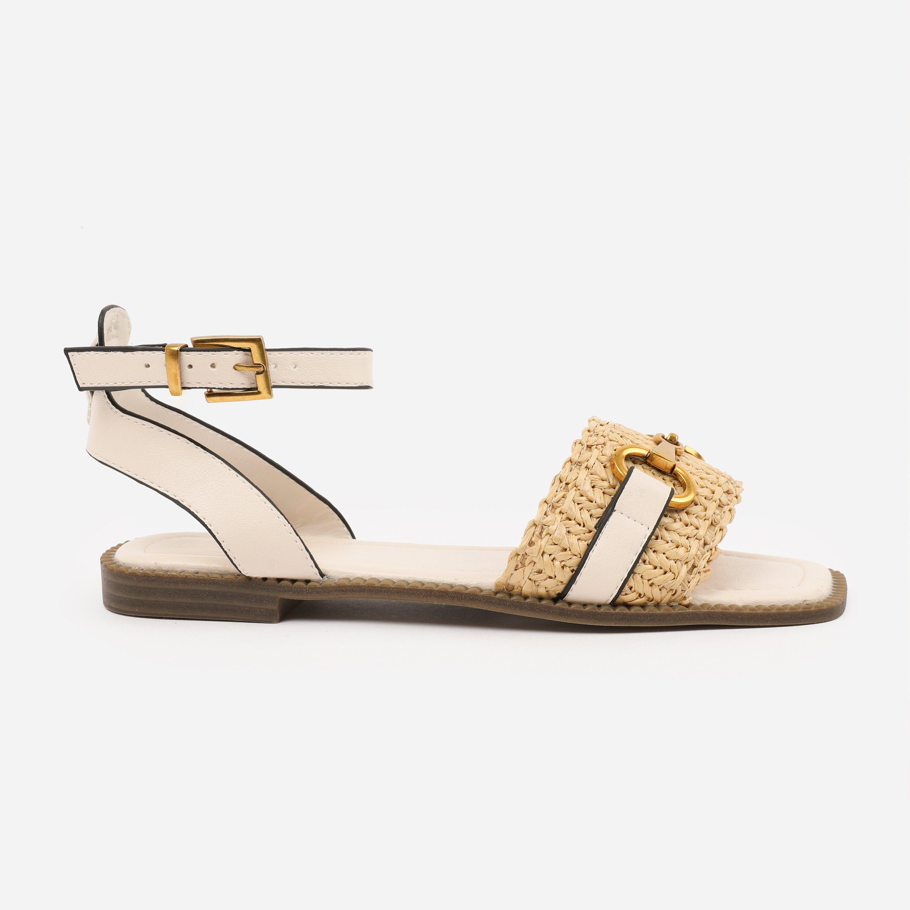 Wheres That From Women's Pu Catelyn Straw Detail Strap Sandals Cream - 7