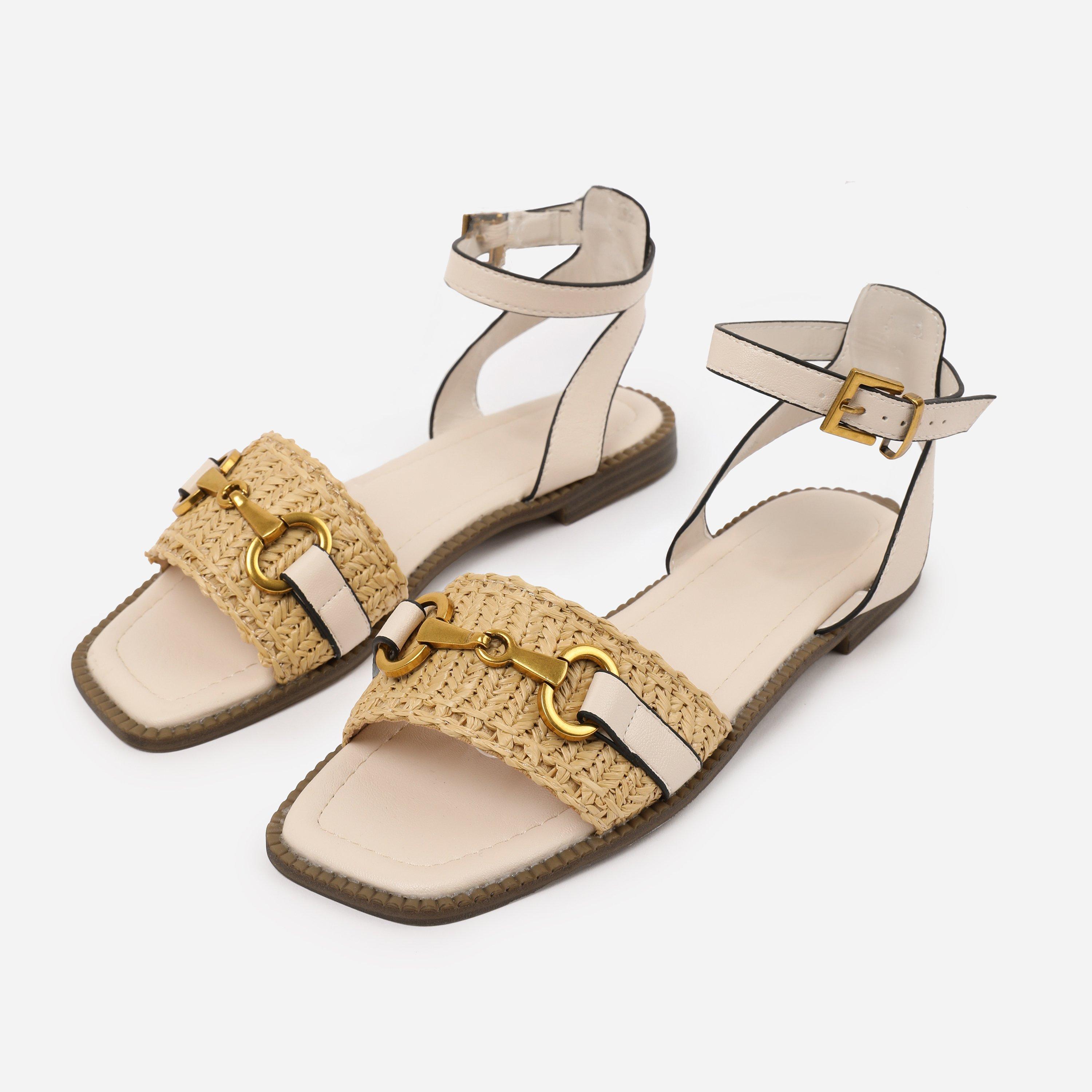 Cream - Wheres That From - Cream PU Catelyn Straw Detail Strap Sandals - 3