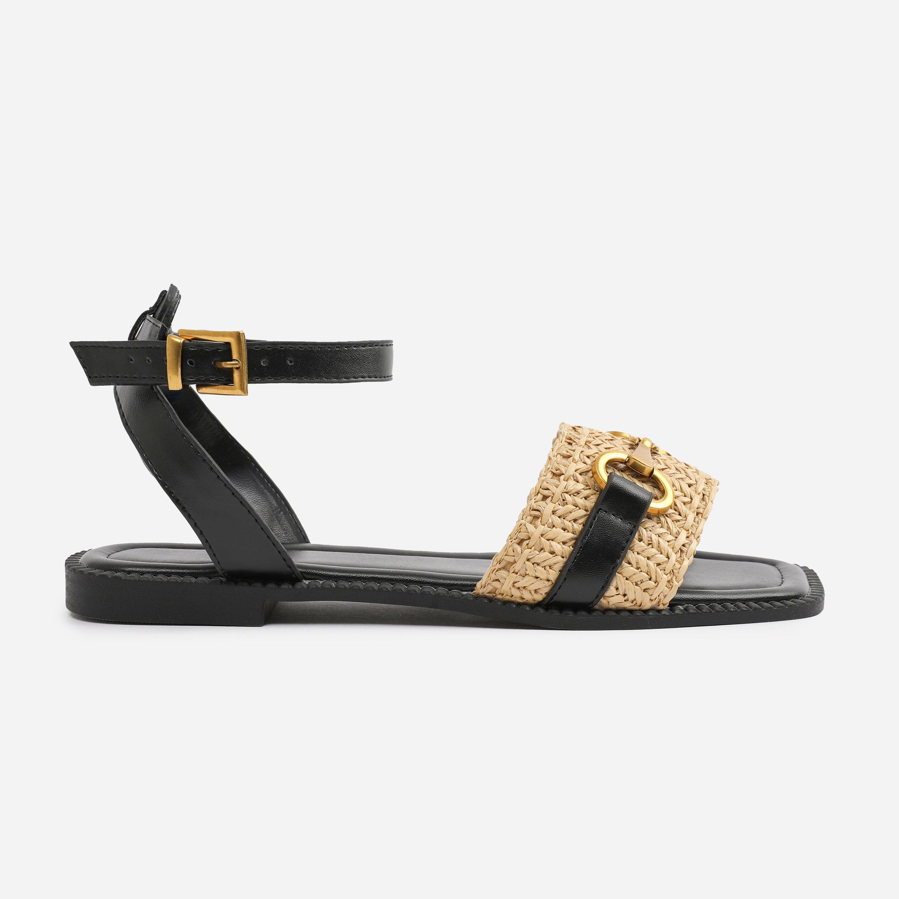Black - Wheres That From - Wide-Fit Black-PU Catelyn Straw Detail Strap Sanda - 1